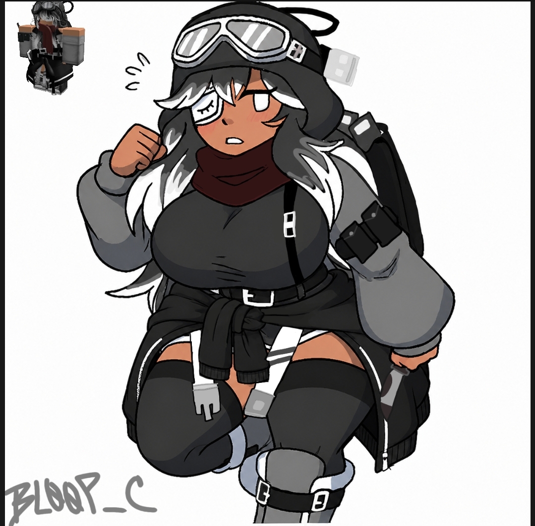 1girls, 2d, artist name, backpack, belt, big breasts, bl00p, blush, boots, clothed, commission, confident, curvy, curvy female, female, female only, fully clothed, goggles on head, grey clothing, grey hair, reference image, roblox, roblox avatar, robloxian, running, self upload, tan body, tan-skinned female, thick thighs, thighhighs, thighs, voluptuous, voluptuous female, white eyes, white hair