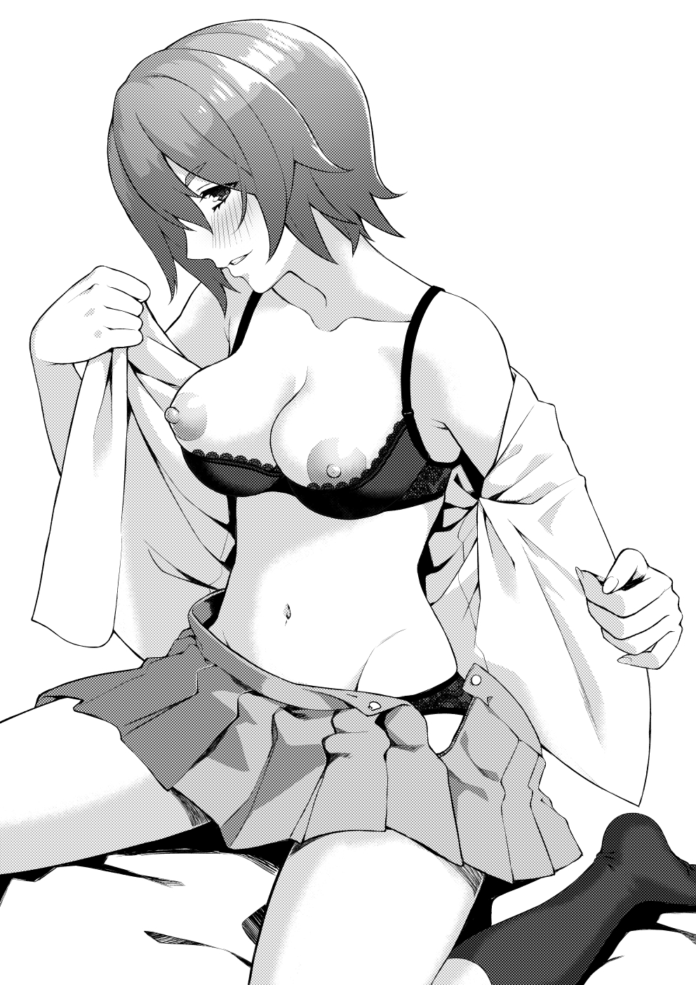 black_bra black_panties blush bra breasts female greyscale groin large_breasts navel nipples panties school_girl_strikers short_hair skirt smile solo tkhs undressing yukishiro_mari