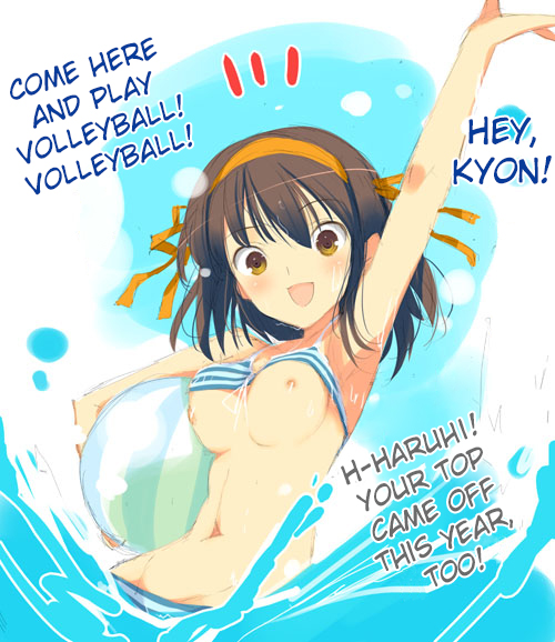 :d, armpits, ball (object), beach ball, bikini, bikini lift, breasts, brown hair, female, front-tie top, groin, hair ribbon, hairband, hard translated, looking at viewer, mound of venus, navel, nipples, open mouth, partially submerged, ribbon, short hair, small breasts, smile, solo, striped, striped bikini, striped swimsuit, suzumiya haruhi, suzumiya haruhi no yuuutsu, swimsuit, translated, wardrobe malfunction, water, yaegashi nan, yellow eyeshadow