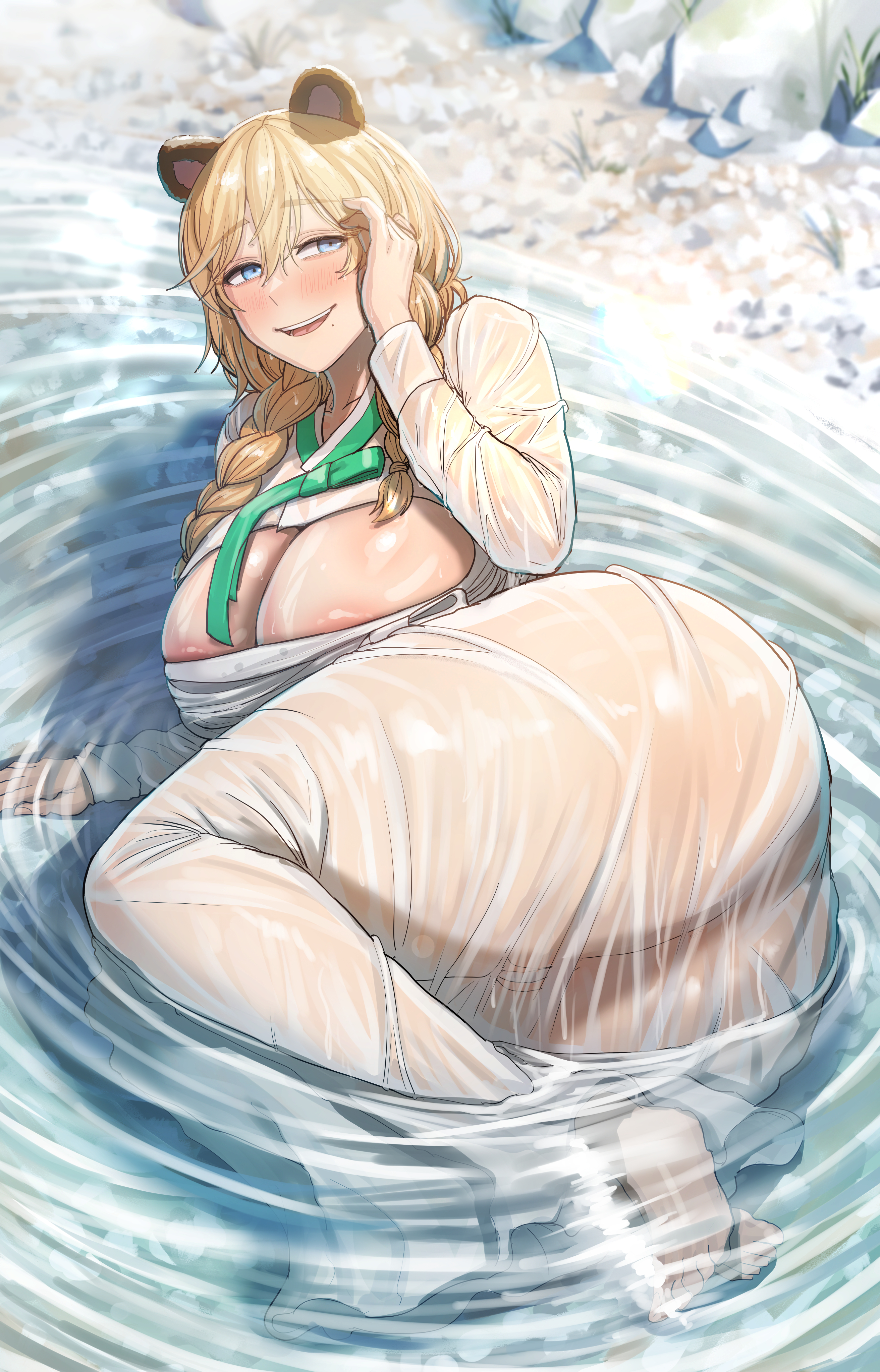 1girl, absurdres, animal ears, areola slip, ass, bear ears, bear girl, blonde hair, blue eyes, blush, braid, breasts, cleavage, cleavage cutout, clothing cutout, dress, dryseaweed, frigga (last origin), highres, large breasts, last origin, long hair, looking at viewer, open mouth, outdoors, partially submerged, smile, solo, wet, wet clothes, wet dress, white dress