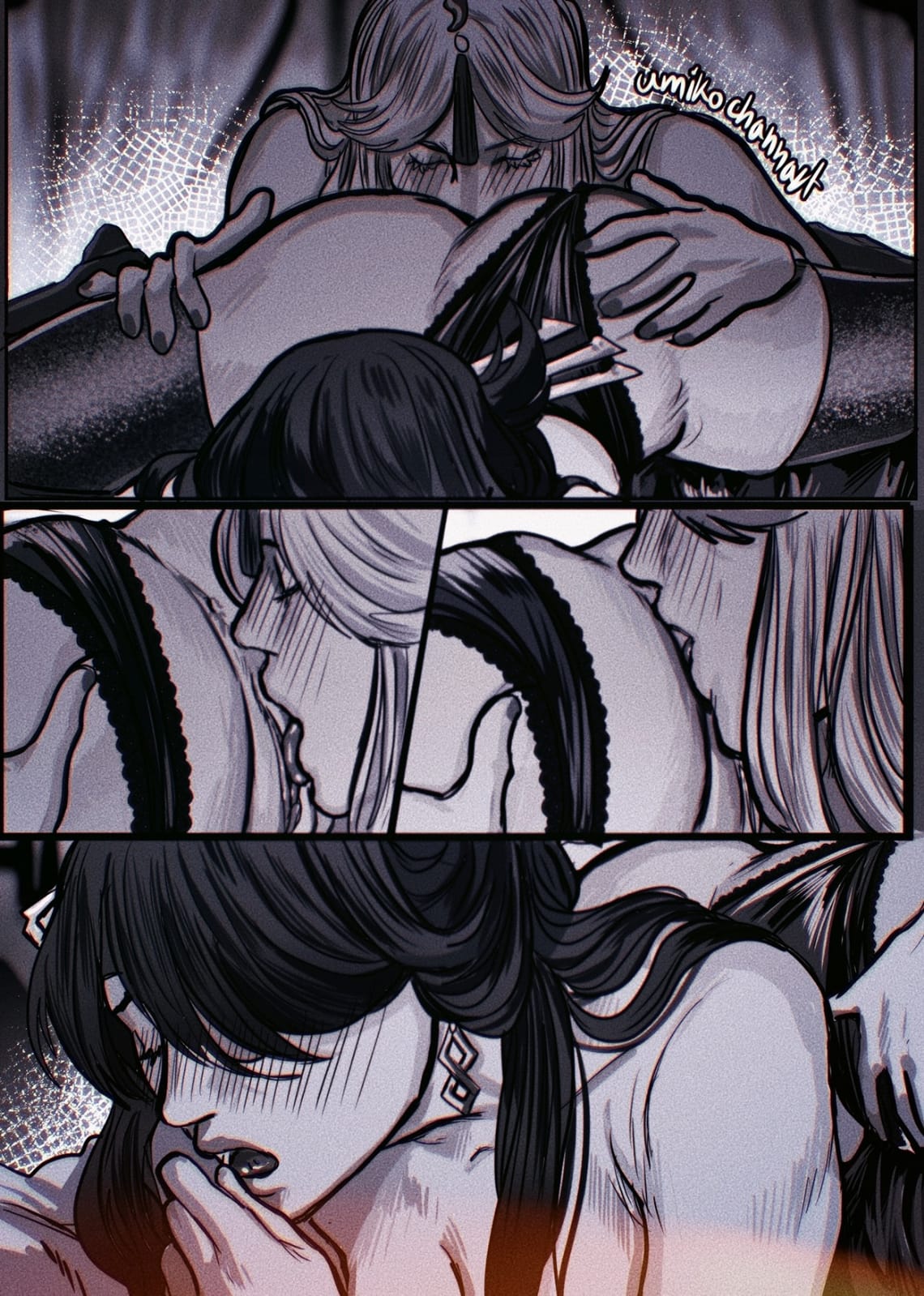 2girls, ass, bare shoulders, beidou (genshin impact), blush, breasts, brown hair, colored eyepatch, cunnilingus, devouring pussy, elbow gloves, eyepatch, female, genshin impact, gloves, hair ornament, hair over one eye, hair stick, hair tassel, hairpin, hand on wall, highres, large breasts, leaning forward, lesbian, lesbian sex, licking, licking pussy, long hair, multiple females, multiple girls, ningguang (genshin impact), nude, one eye covered, open mouth, oral, pale skin, pussy, tassel, umikochannart, vagina, yuri
