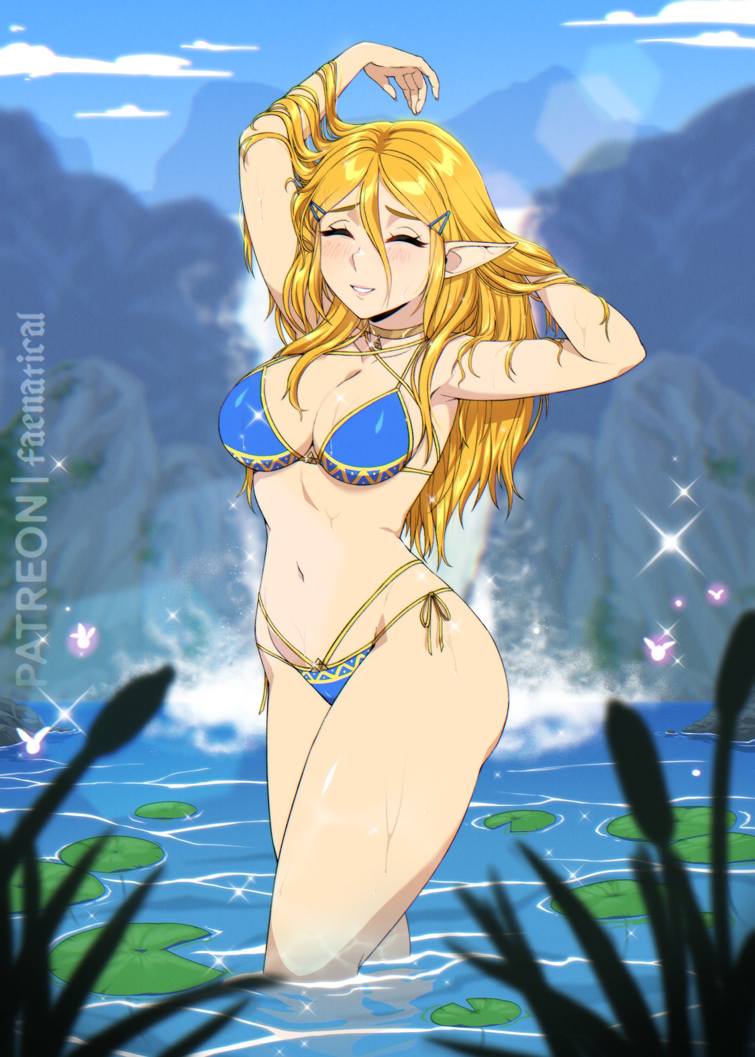 1female, 1girl, 1girls, 2026, armpits, arms up, ass, background, big breasts, blue bra, blue panties, blush, blushing, blushing at viewer, blushing female, bra, breasts, cleavage, closed eyes, closed mouth, elf, elf ears, elf female, elf girl, faenatical, female, female focus, female only, human, human only, in water, light skin, light-skinned female, mountain, mounting, panties, patreon, revealing clothes, sexy, sexy body, sexy female, sexy pose, skimpy clothes, smile, smiling, smiling at viewer, the legend of zelda, video game, video game character, video games, water, waterfall, watermark, wet, wet body, wet skin, yellow hair, zelda (tears of the kingdom)