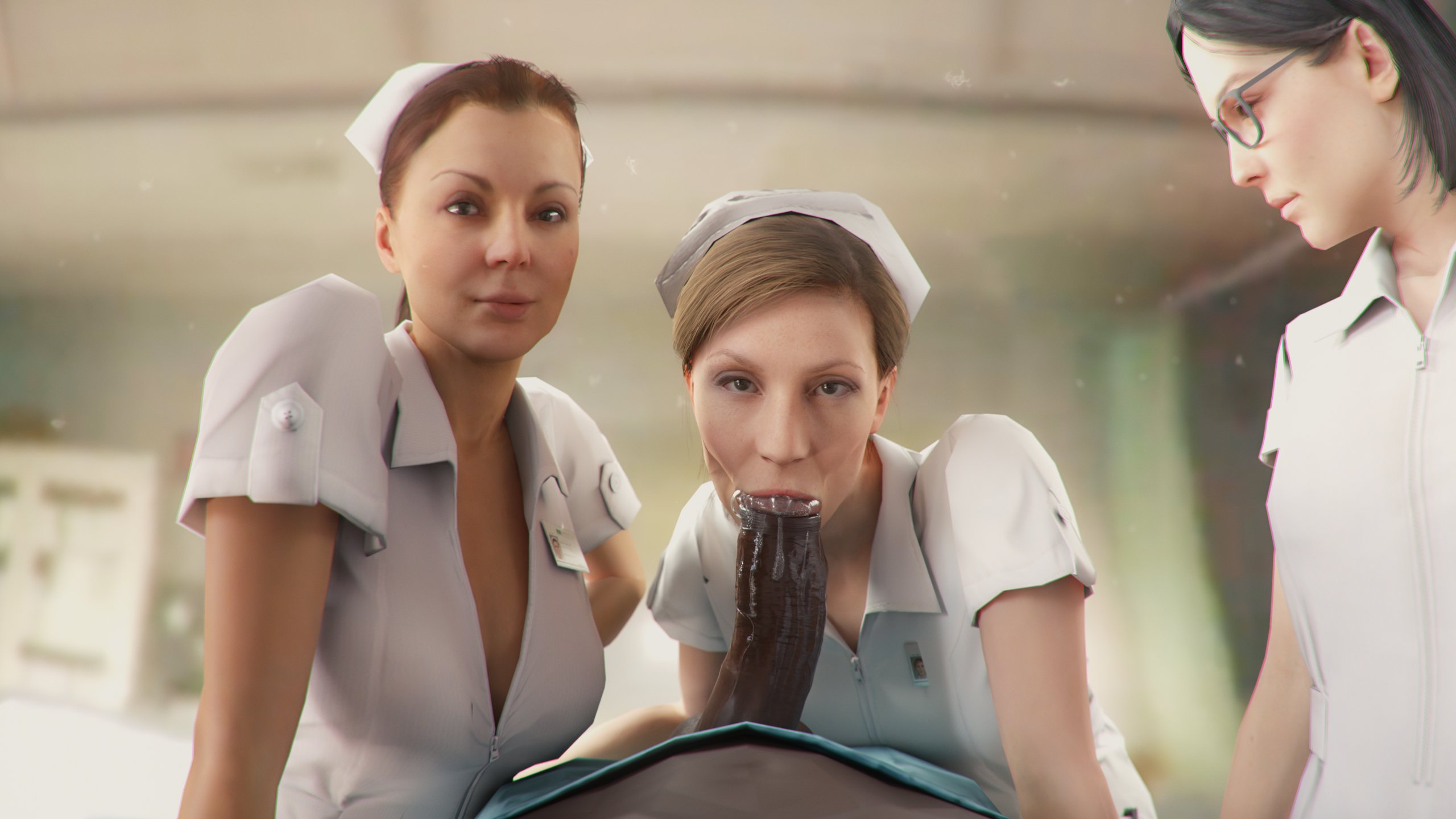 1boy, 3d, 3girls, blowjob, dark skin, dark-skinned male, deepthroat, fellatio, female, foreskin, fully retracted foreskin, interracial, leeterr, light skin, light-skinned female, male, metal gear solid, metal gear solid v, multiple females, multiple girls, nurse, nurse clothing, nurse uniform, oral, oral penetration, oral sex, penis, pov, pov eye contact, retracted foreskin, sloppy, sloppy blowjob, uncircumcised