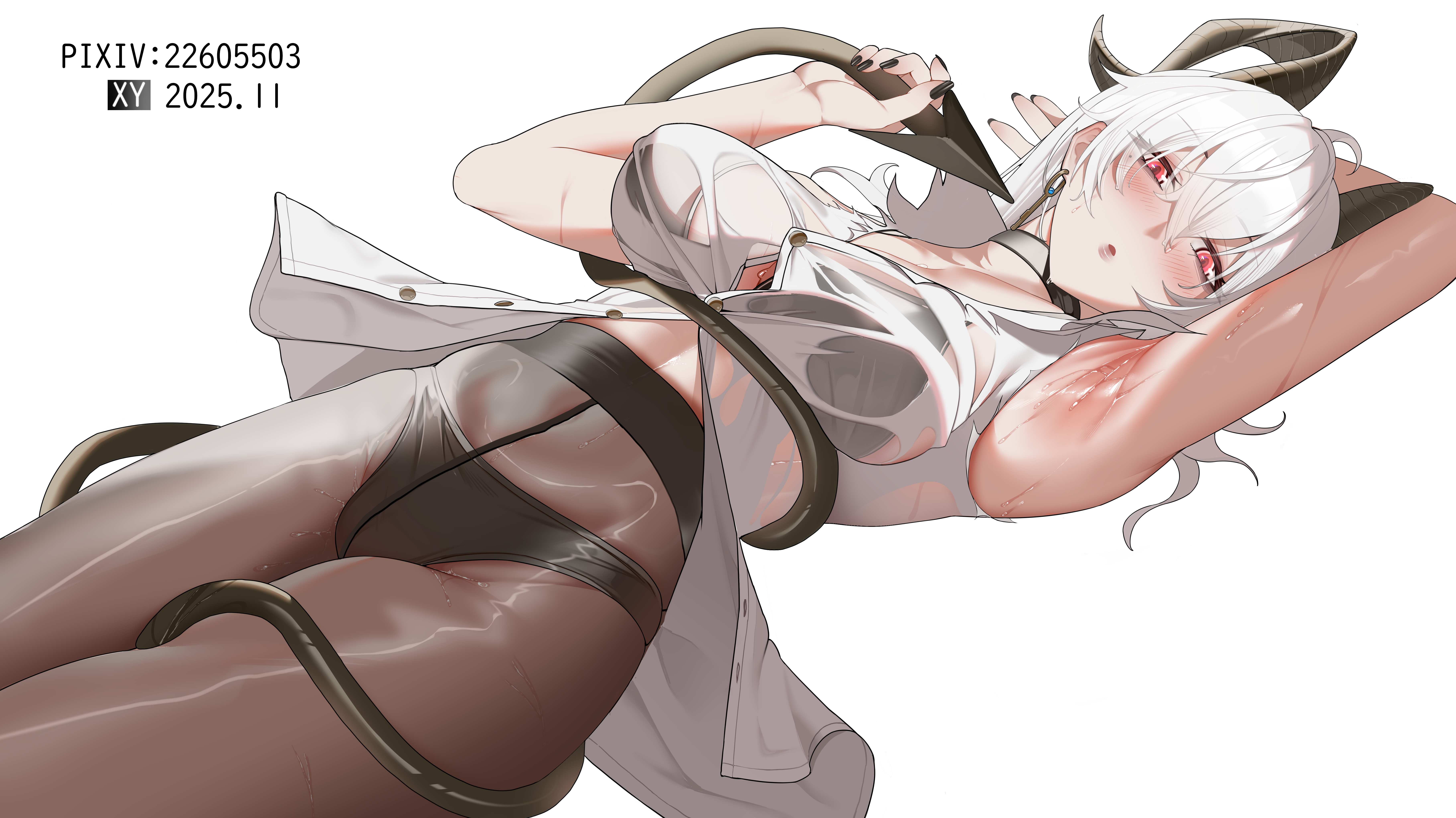 1girl, absurdres, arm up, armpits, black choker, black horns, black nails, black panties, black pantyhose, black tail, blush, breasts, button gap, choker, commentary, curled horns, dated, demon tail, earrings, fingernails, grey hair, groin, hair between eyes, hand up, high-waist pantyhose, highres, holding own tail, horns, jewelry, key earrings, large breasts, long hair, looking at viewer, lying, mole, mole on breast, nail polish, navel, no pants, on back, panties, panties under pantyhose, pantyhose, parted lips, partially unbuttoned, pixiv id, presenting own armpit, red eyes, shirt, simple background, solo, stomach, sweat, tail, tail wrap, underwear, wet, wet clothes, wet shirt, white background, white shirt, wuthering waves, xiyu yy, zani (wuthering waves)