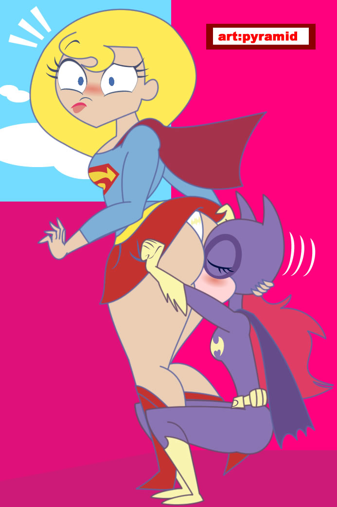 2girls ass ass_grab barbara_gordon batgirl batman_(series) blonde_hair blue_eyes blush brown_hair cape closed_eyes cunnilingus dc long_hair mask medium_breasts multiple_girls panties pyramid_(artist) short_skirt skirt skirt_lift small_breasts super_best_friends_forever supergirl superman_(series) surprise yuri