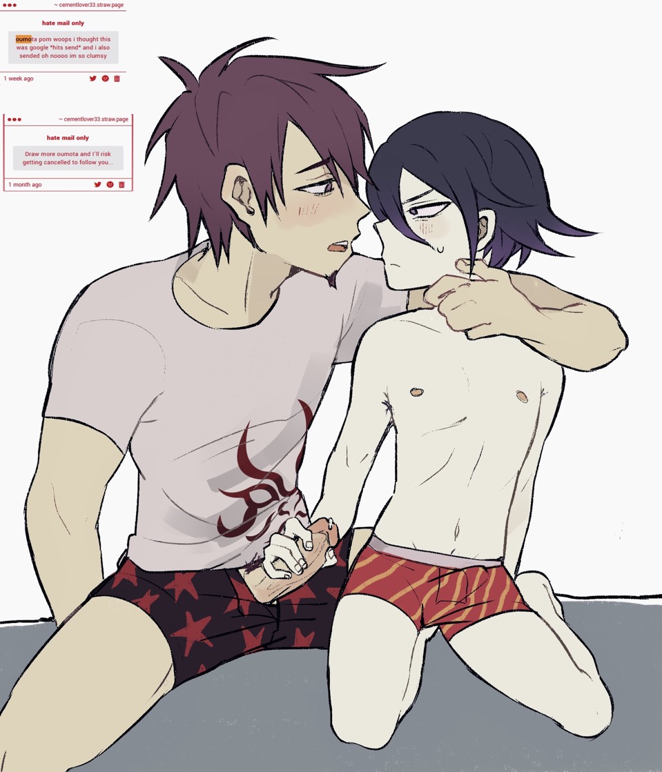 danganronpa, eye contact, femboy, gay, grabbing face, handjob, kaito momota, kokichi ouma, male, male only, male/male, momota kaito, ouma kokichi, partially clothed, penis, penis through underwear, purple hair, underwear, underwear only, yaoi