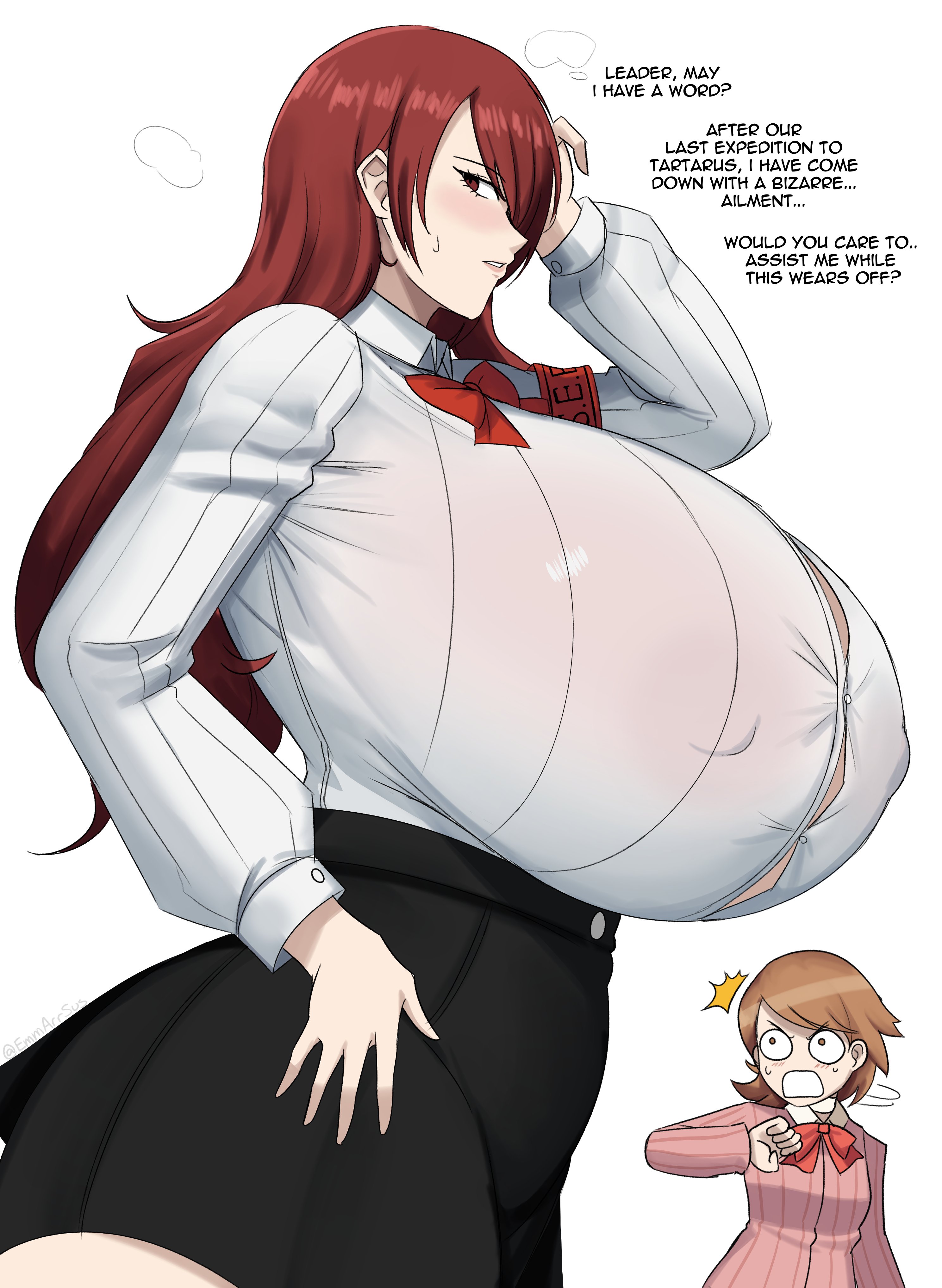 2girls, big breasts, breast expansion, breasts, breasts bigger than head, brown hair, emmarrgus, female, female only, huge breasts, hyper breasts, large breasts, long hair, megami tensei, mitsuru kirijo, multiple girls, persona, persona 3, red eyes, red hair, red hair female, redhead, redhead female, school uniform, short hair, thick thighs, thighs bigger than head, yukari takeba