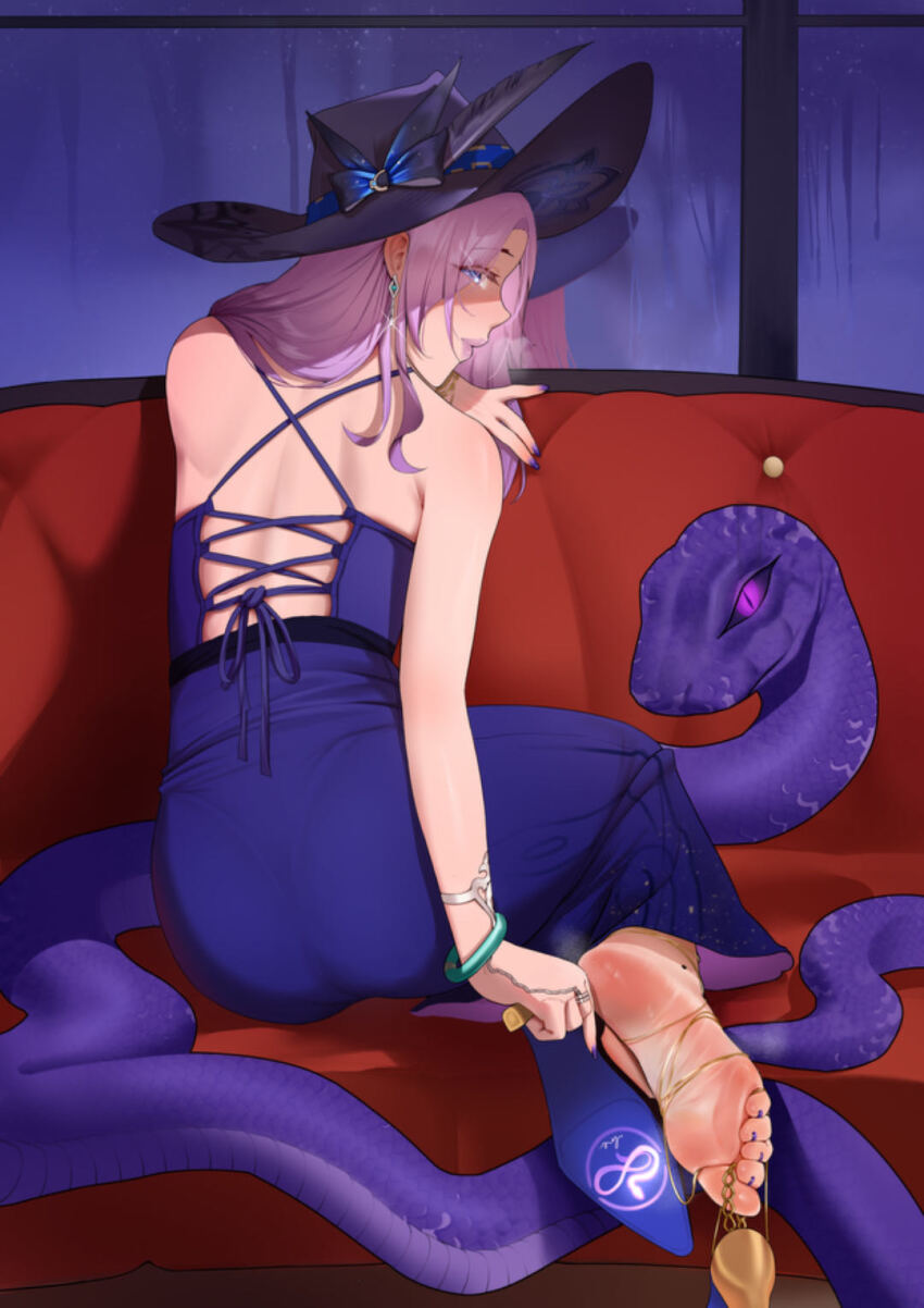1girl barefoot blue_eyes feet hat highres holding holding_shoes holding_unworn_clothes honkai:_star_rail honkai_(series) jade_(honkai:_star_rail) long_hair looking_at_viewer looking_back nail_polish pink_hair shoes snake soles steam toes unworn_shoes xiyu_yy