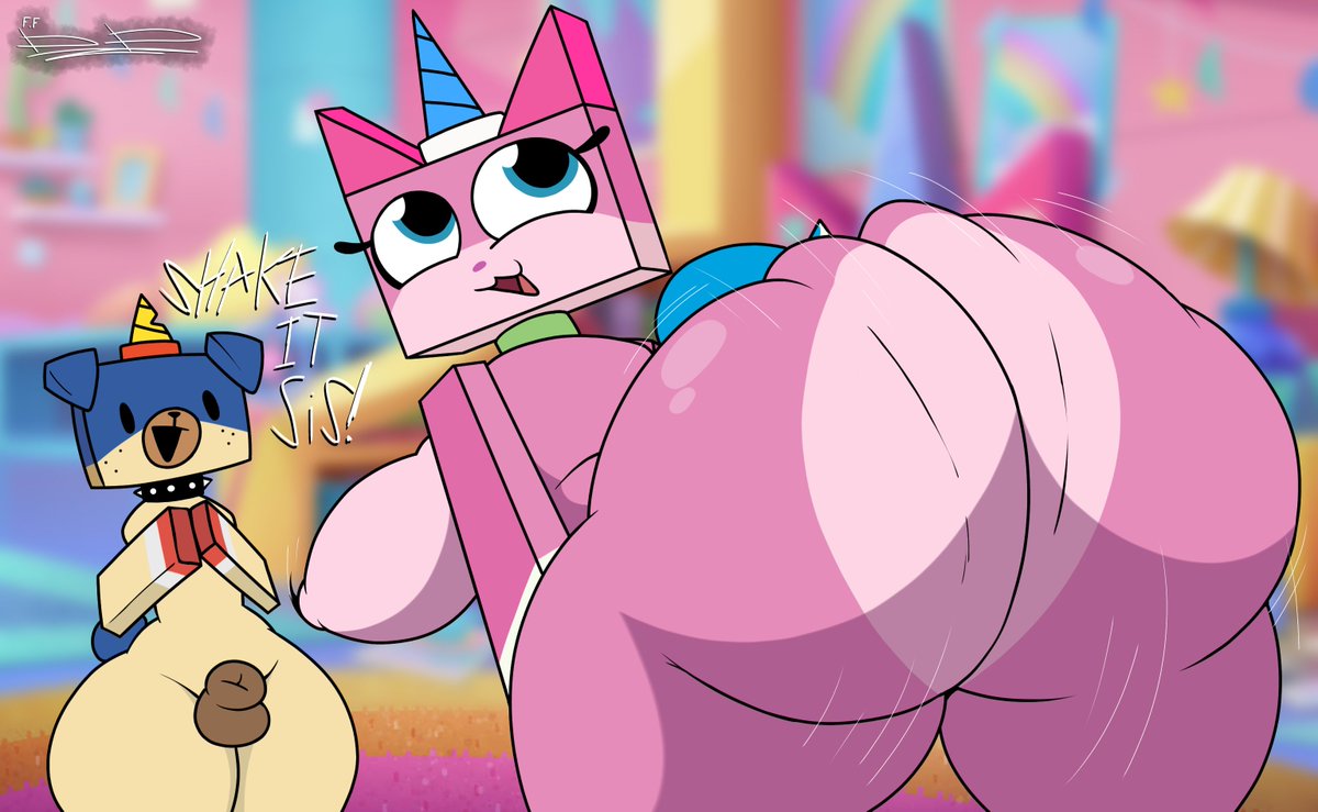 1boy, 1girls, 2026, absurd res, anthro, ass, balls, bent over, big ass, big breasts, big butt, blue body, blue ears, blue eyes, blue fur, blue horn, blue tail, bodily fluids, breasts, butt, canid, canine, canis, cartoon network, collar, curvy hips, dialogue, digital media (artwork), domestic cat, domestic dog, duo, english text, expressive, expressive eyes, felid, feline, felis, female, fur, genitals, green collar, hand on hip, hi res, horn, huge ass, huge butt, lego, looking away, looking back, looking up, male, mammal, open mouth, penis tip, pink body, pink fur, puppycorn, rear view, shaking, shaking ass, shaking butt, signature, simple background, sinner20033, sinnerbunny, spiked collar, spikes, tail, tan body, tan fur, text, the lego movie, twerking, two-tone tail, unikitty, unikitty (series), unikitty!, white tail, wide hips, yellow horn