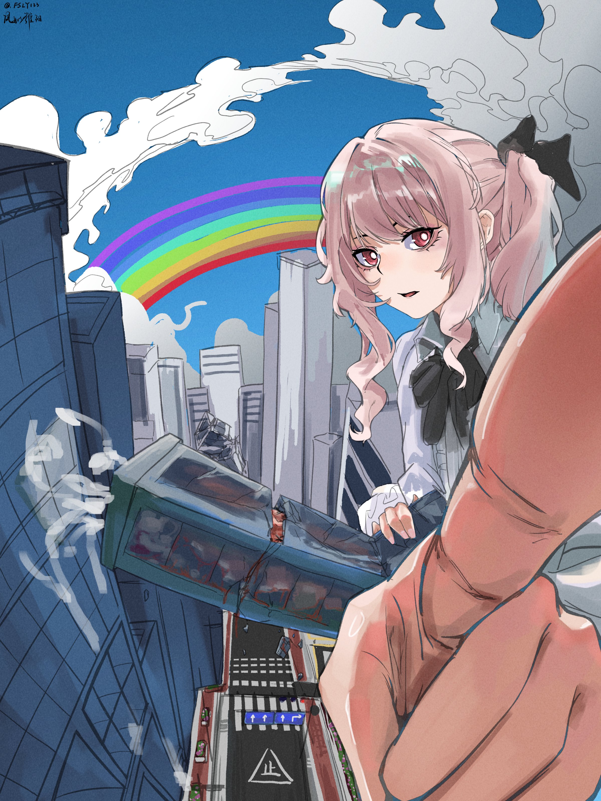 blonde hair, blood, bow, building, building sex, city, color, cum, cumming, cumming while penetrating, destruction, futanari, giantess, gore, improvised onahole, improvised sex toy, looking at viewer, macro, masturbation, onahole, pointing at viewer, pov, rainbow, red eyes, used as an object