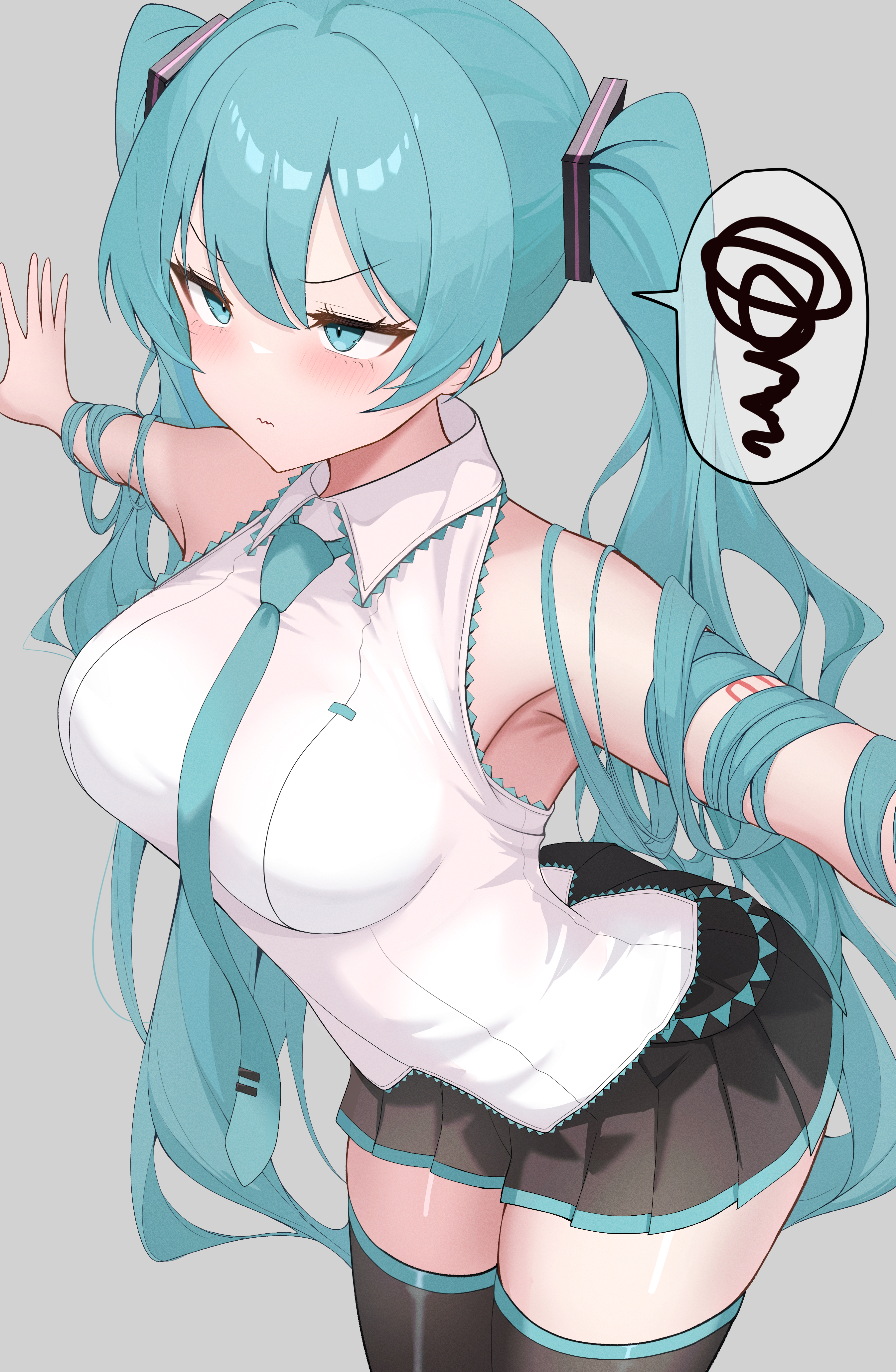 1girl, absurdres, alternate breast size (larger), aqua eyes, aqua hair, aqua necktie, arched back, bare shoulders, black skirt, black thighhighs, blush, breasts, closed mouth, collared shirt, commentary request, eikawa suru, hair ornament, hatsune miku, highres, jitome, long hair, medium breasts, necktie, number tattoo, outstretched arms, pursed lips, shirt, simple background, skirt, sleeveless, sleeveless shirt, solo, speech bubble, spoken squiggle, spread arms, squiggle, tattoo, thighhighs, twintails, very long hair, vocaloid, white shirt