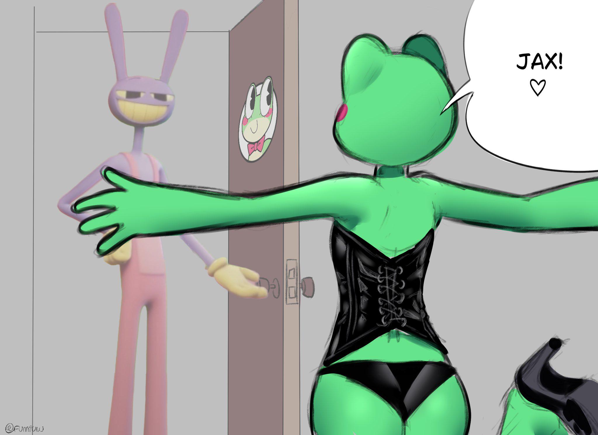 antrhopomorphic, black panties, bunny, frog, high heels, jax (the amazing digital circus), latex, panties, reference, ribbit (the amazing digital circus), the amazing digital circus