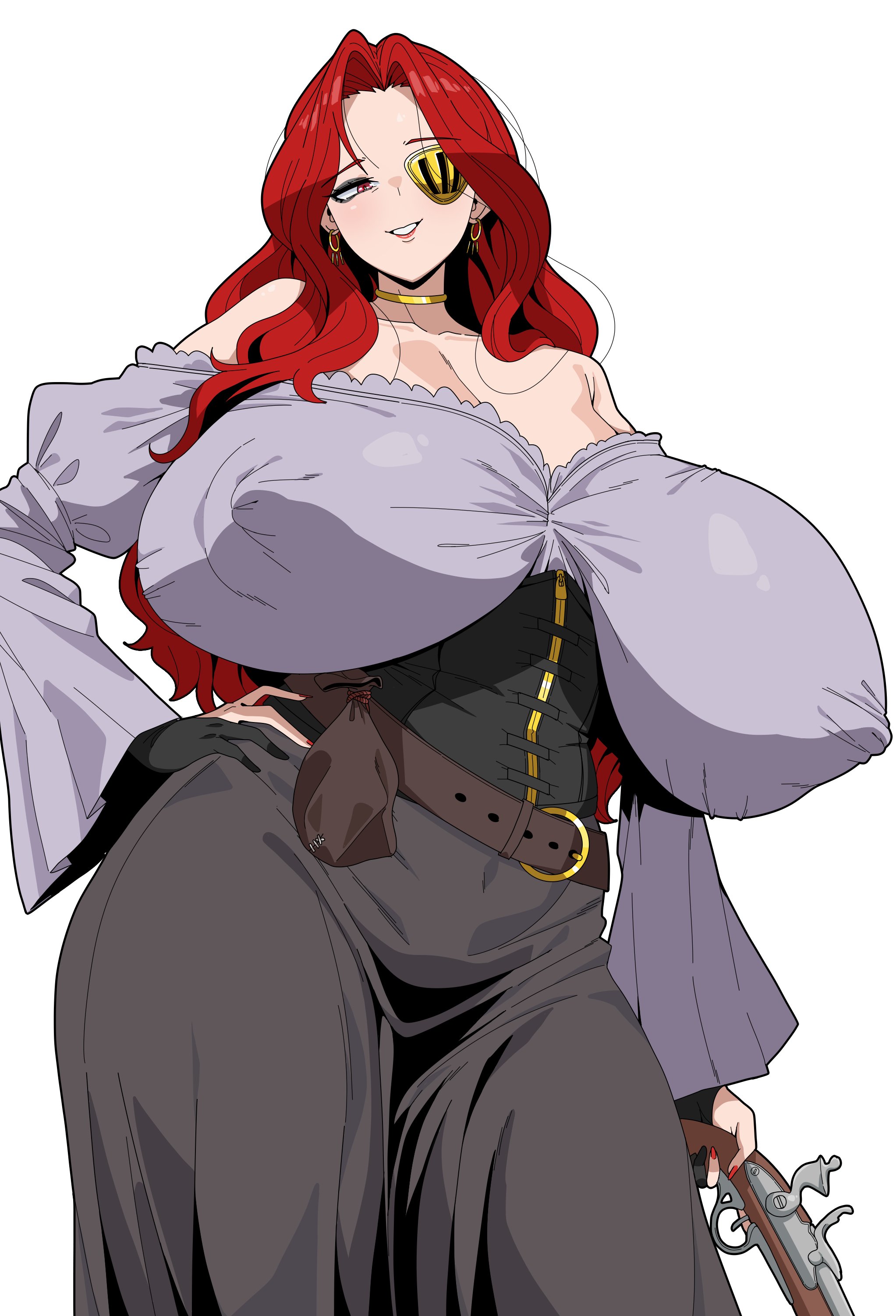 amx1375, bare shoulders, belt, breasts, collarbone, curvy, earrings, eyepatch, female, female only, flintlock, gigantic breasts, grin, hand on hip, lace, long hair, looking at viewer, puffy nipples, red eyes, red hair, sack, simple background, white background, wide hips