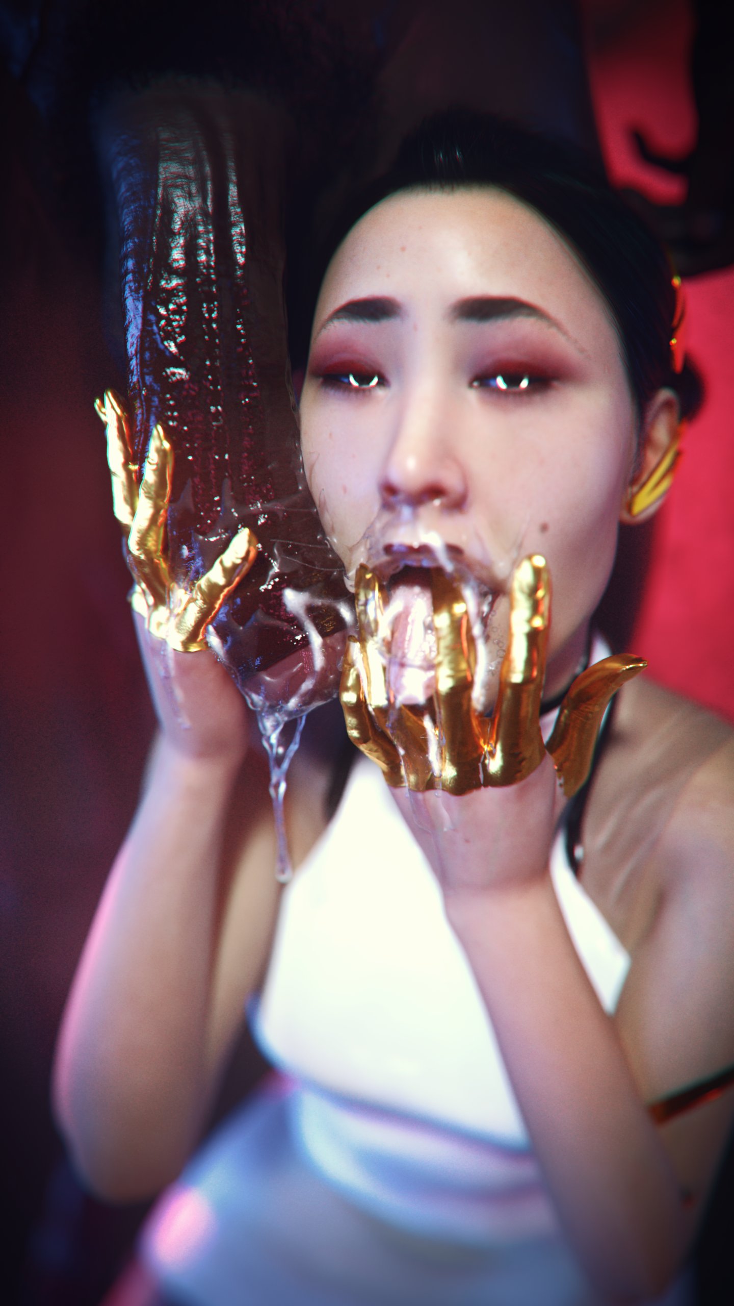 3d, after fellatio, after oral, big penis, cd projekt red, cum, cum on face, cyberpunk 2077, cyborg, dark skin, dark-skinned male, facial, glowing eyes, hanako arasaka, interracial, leeterr, light skin, light-skinned female, looking at viewer, mole, open mouth, penis, realistic, saliva, saliva drip, sloppy, sloppy blowjob, sloppy deepthroat, uncircumcised, uncut, veiny penis