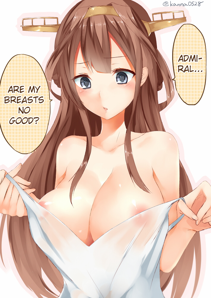 :o, areola slip, areolae, artist name, bare shoulders, blue eyes, blush, breasts, brown hair, cleavage, collarbone, double bun, dress, erect nipples, female, hard translated, headgear, kantai collection, kongou (kantai collection), large breasts, long hair, nipples, no bra, open mouth, pulled by self, sakiryo kanna, see-through, sidelocks, simple background, solo, speech bubble, strap pull, sundress, talking, tareme, text, translated, undressing, upper body, very long hair, wet, wet clothes, wet dress, white background, white dress