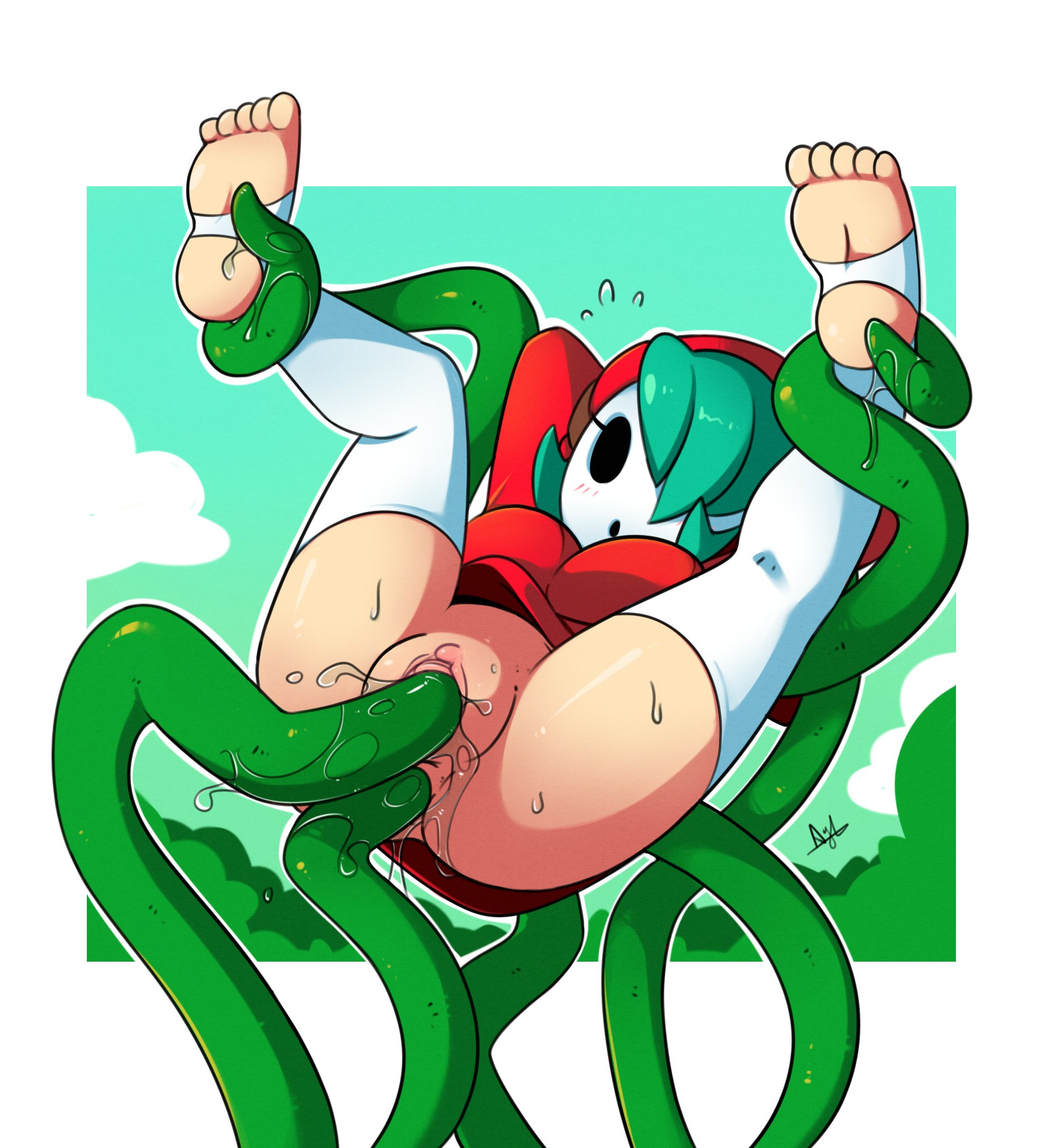 1girls, 2019, anal, anal penetration, anus, ayb, clitoris, double penetration, feet, female, female only, green hair, hi res, hoodie, lifted by tentacles, lifting, light blush, mario (series), mask, nintendo, no panties, penetration, pussy, restrained, restrained by tentacles, shy gal, solo, stirrup legwear, tentacle, tentacle in ass, tentacle in pussy, tentacle rape, tentacles, tentacles on female, thighhighs, vaginal penetration, white thighhighs