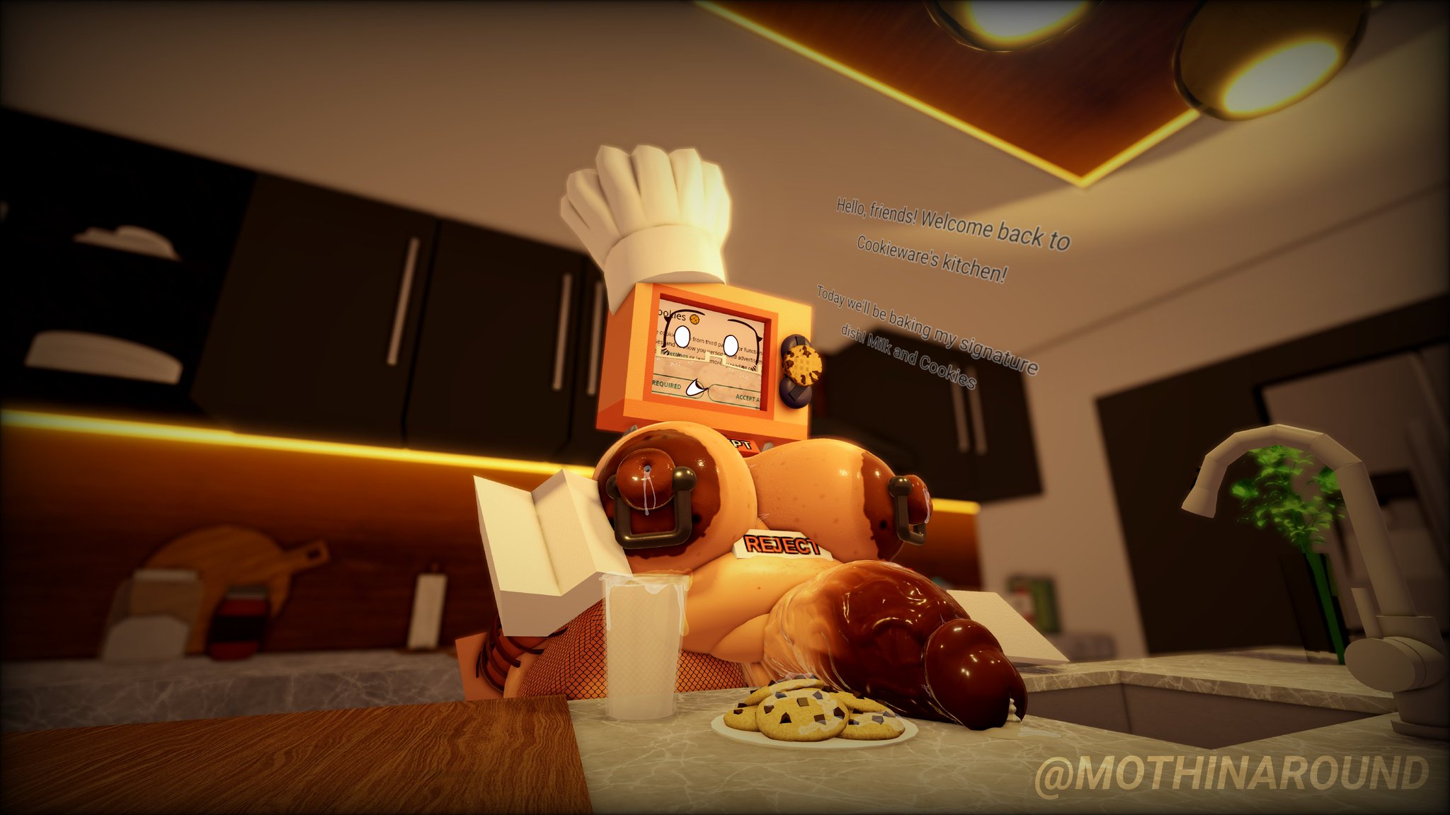 1futa, 3d, big breasts, cookieware (die of death), cum, cum on cookie, dialogue, die of death (roblox), english text, futanari, kitchen, penis, pierced nipples, roblox, roblox game, robot, robot girl, slutmoth, tagme, text, twitter username, watermark