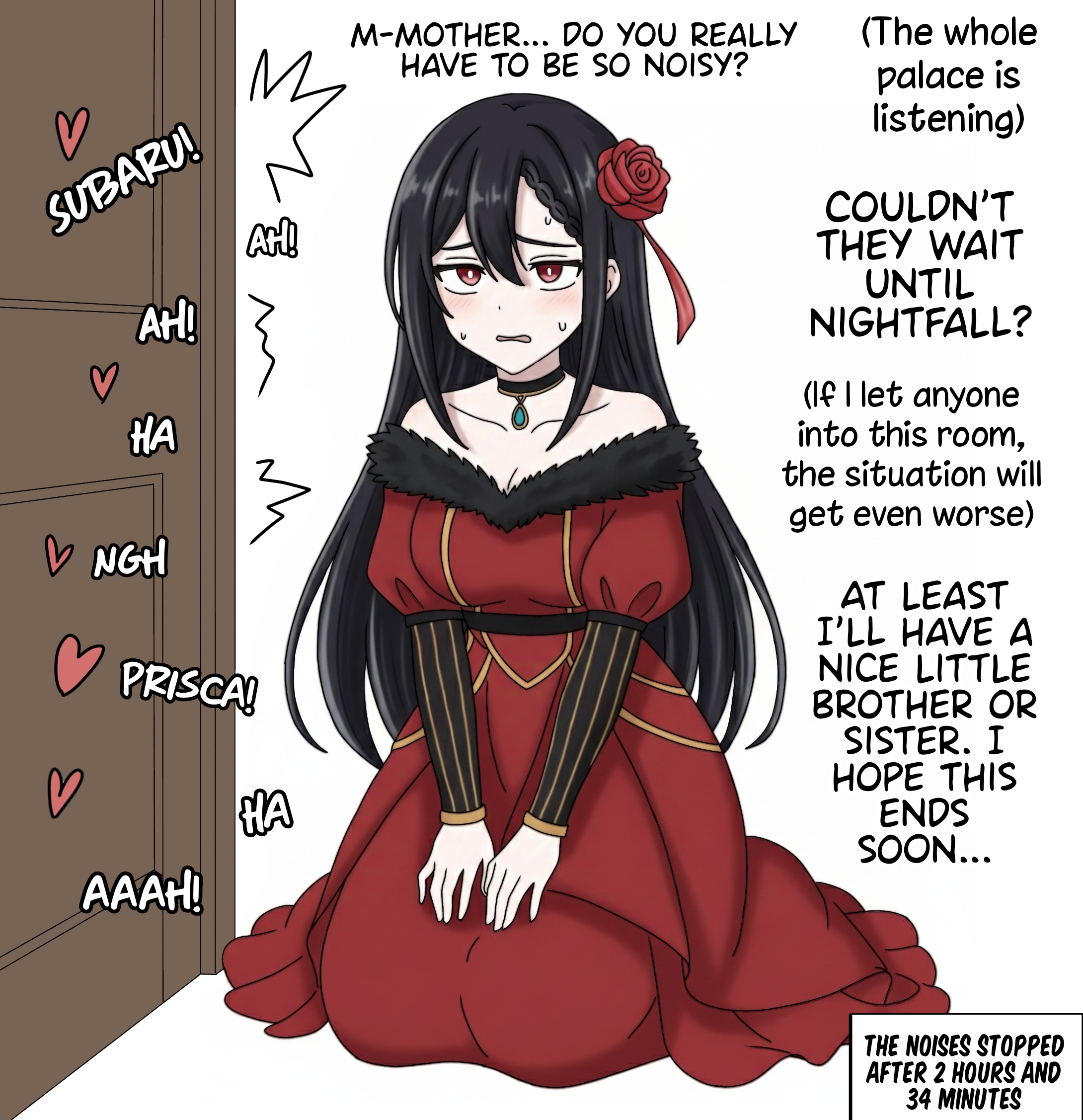 1girls, black hair, curyfromzero, dress, female, female only, hair ornament, hairpin, implied sex, long hair, loud moans, loud sex, mother and child, mother and child (lore), mother and daughter, mother and daughter (lore), natsuki subaru, oc, original character, parent and child, parent and daughter, princess, priscilla barielle, re:zero kara hajimeru isekai seikatsu, red clothing, red dress, rose in hair, solo focus, tagme, teenage girl, teenager, text, tired eyes