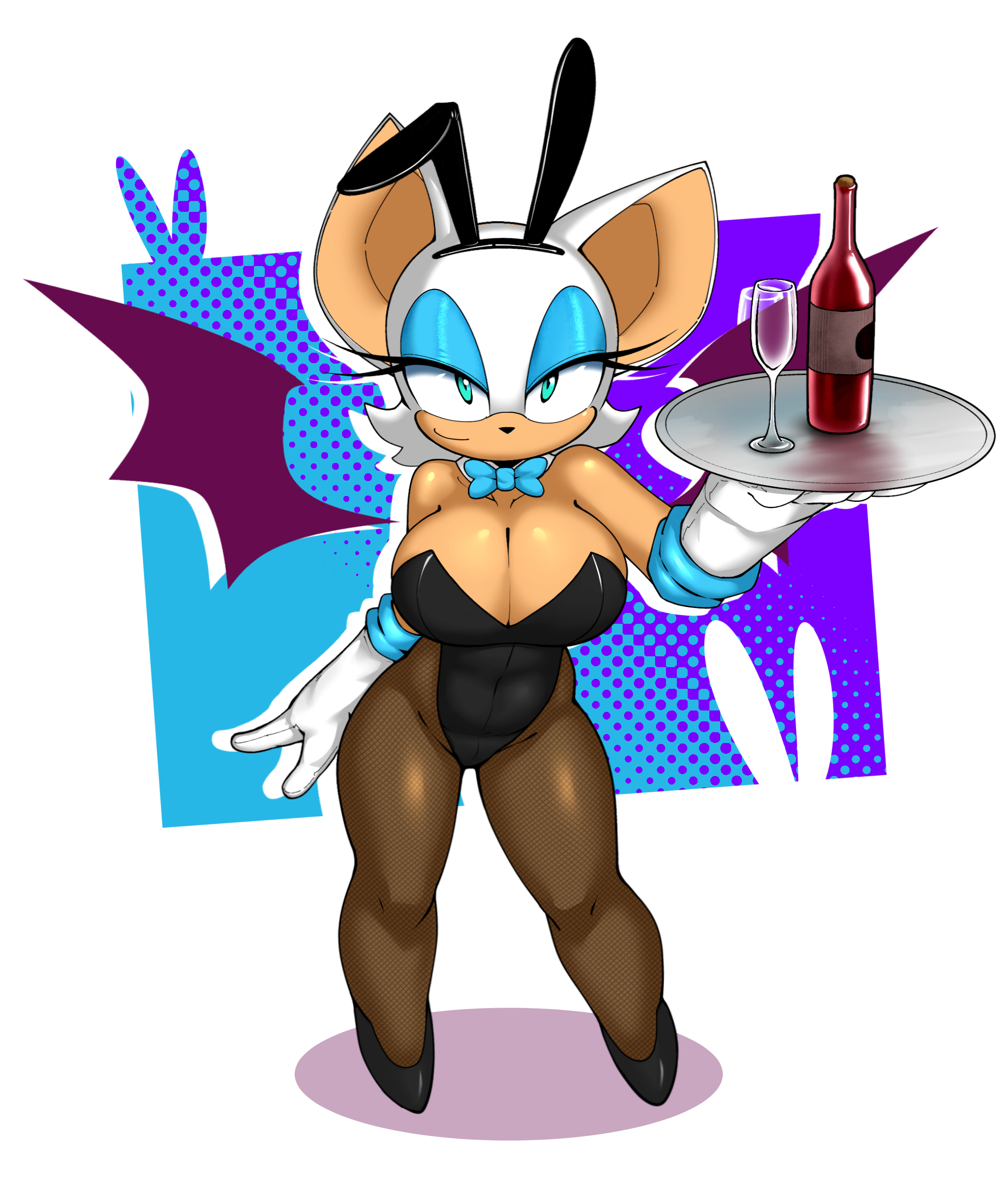 1anthro, 1girls, about to burst, anthro, barely contained, barely contained breasts, barely fits, bat, bow tie, breasts, breasts too big, bunny costume, bunnysuit rouge (trend), bursting breasts, cleavage, clothed, clothing, costume, cup, drinking glass, fake ears, fake rabbit ears, female, glass, glass container, glass cup, imminent wardrobe malfunction, large breasts, leotard, limehazard, looking at viewer, mammal, platter, playboy bunny, rouge the bat, sega, solo, sonic (series), sonic the hedgehog (series), too tight, wine glass, wings