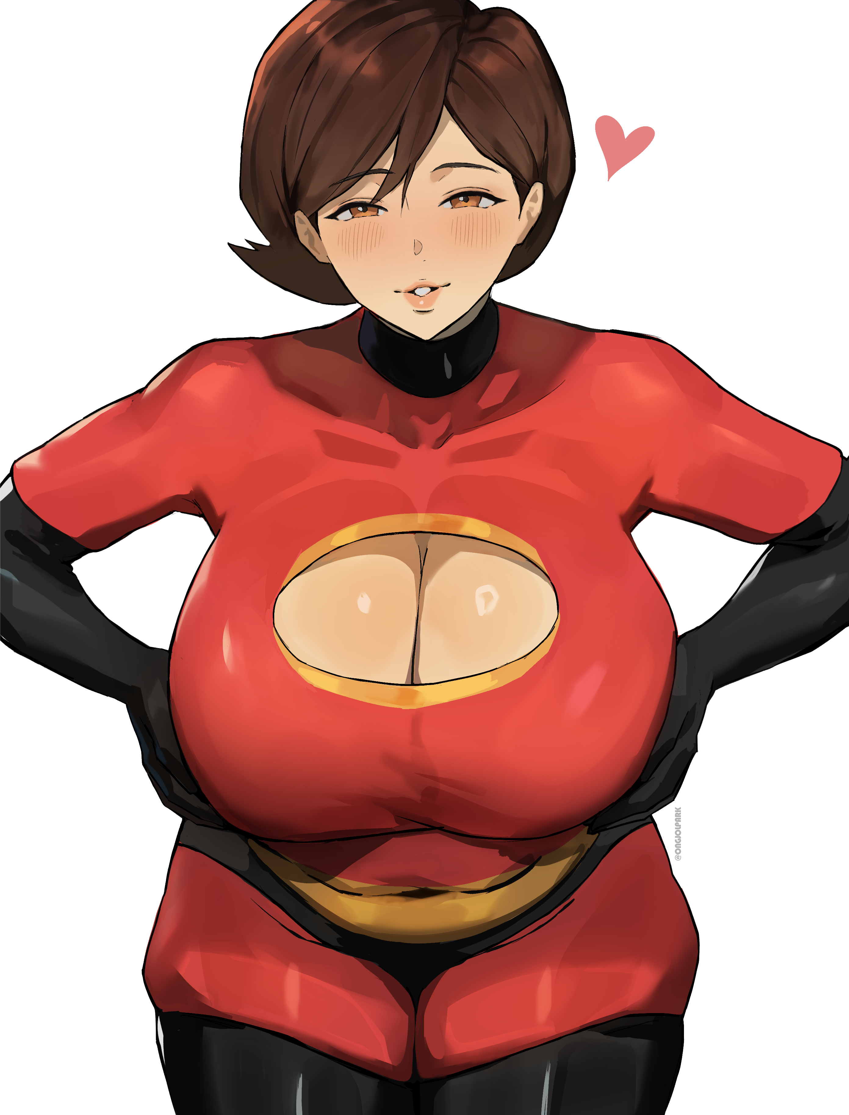 1girls, alternate background, alternate version available, big breasts, blush, breast focus, breasts, brown eyes, brown hair, cleavage, cleavage cutout, clothing, female, female only, front view, hair, hands on breasts, heart, helen parr, hips, looking at viewer, mature, mature female, milf, mother, ongjolpark, parted lips, presenting, presenting breasts, short hair, simple background, solo, solo female, superhero costume, superheroine, the incredibles, thighs, white background, wide hips