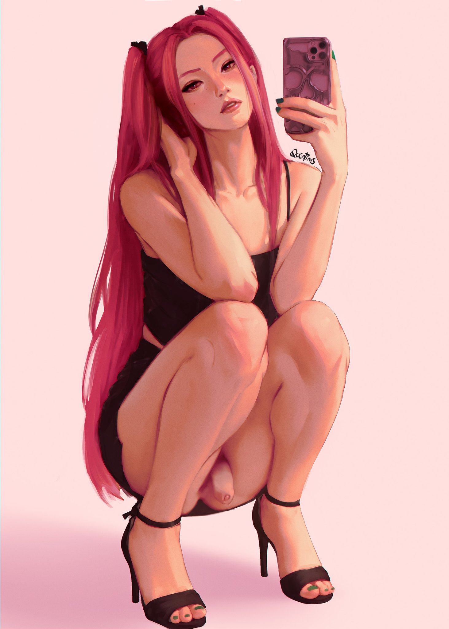 1futa, 1futanari, black nail polish, black nails, casual exposure, color, colored, crop top, crouching, crouching female, flaccid, flaccid penis, foreskin, futa only, futanari, heels, kpop demon hunters, light skin, light-skinned futa, light-skinned futanari, long hair, mira (kpop demon hunters), mirror selfie, no panties, painted fingernails, painted nails, painted toenails, penis, penis out, pigtails, pink hair, quentims, selfie, simple background, skirt, solid color background, solo, solo futa, squatting, squatting female, taking photo, taking picture, uncircumcised, uncut, very long hair, white background