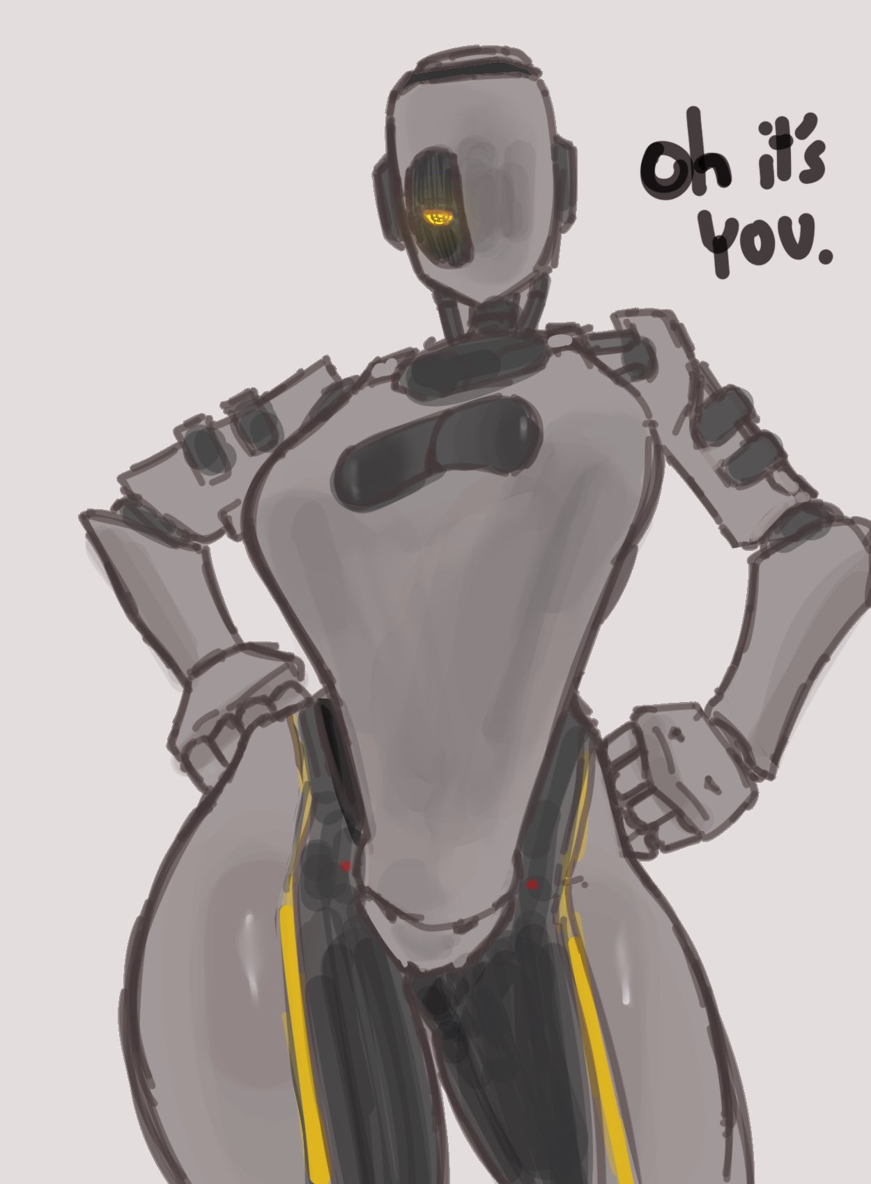 1girl, 1girls, 2d, big breasts, boob window, breasts, female, female focus, female only, fists clenched, glados, glados (humanoid), glados (thiccythings), hands on hips, leotard, looking at viewer, looking down, one eye, one-eyed, portal (series), robot, robot girl, thick thighs, thighs, valve, wide hips, wide thighs, yellow eye, yufishart