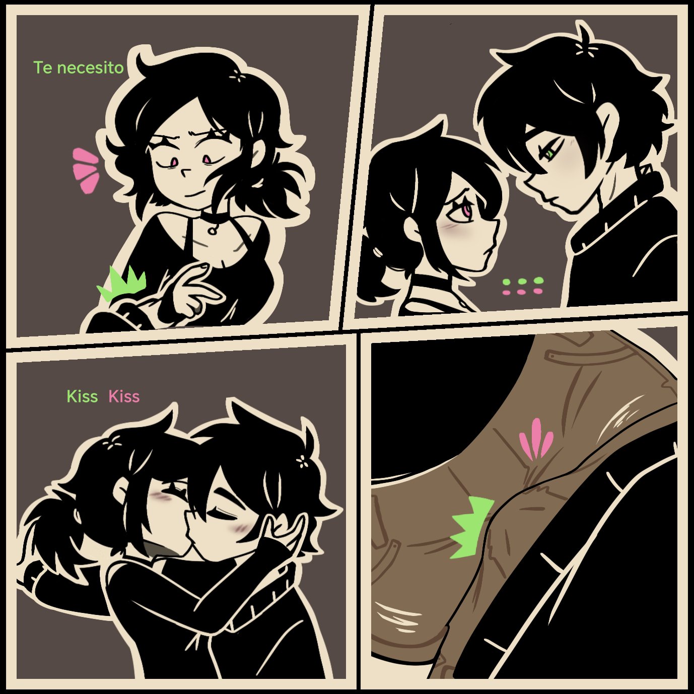 1boy, 1girls, 2d, amysole, andrew graves, ashley graves, black hair, blush, boner, brother and sister, comic, dialogue, erection, erection under clothes, eye contact, female, french kiss, green eyes, incest, kissing, male, passionate, pink eyes, siblings, spanish text, straight, the coffin of andy and leyley, tongue kiss