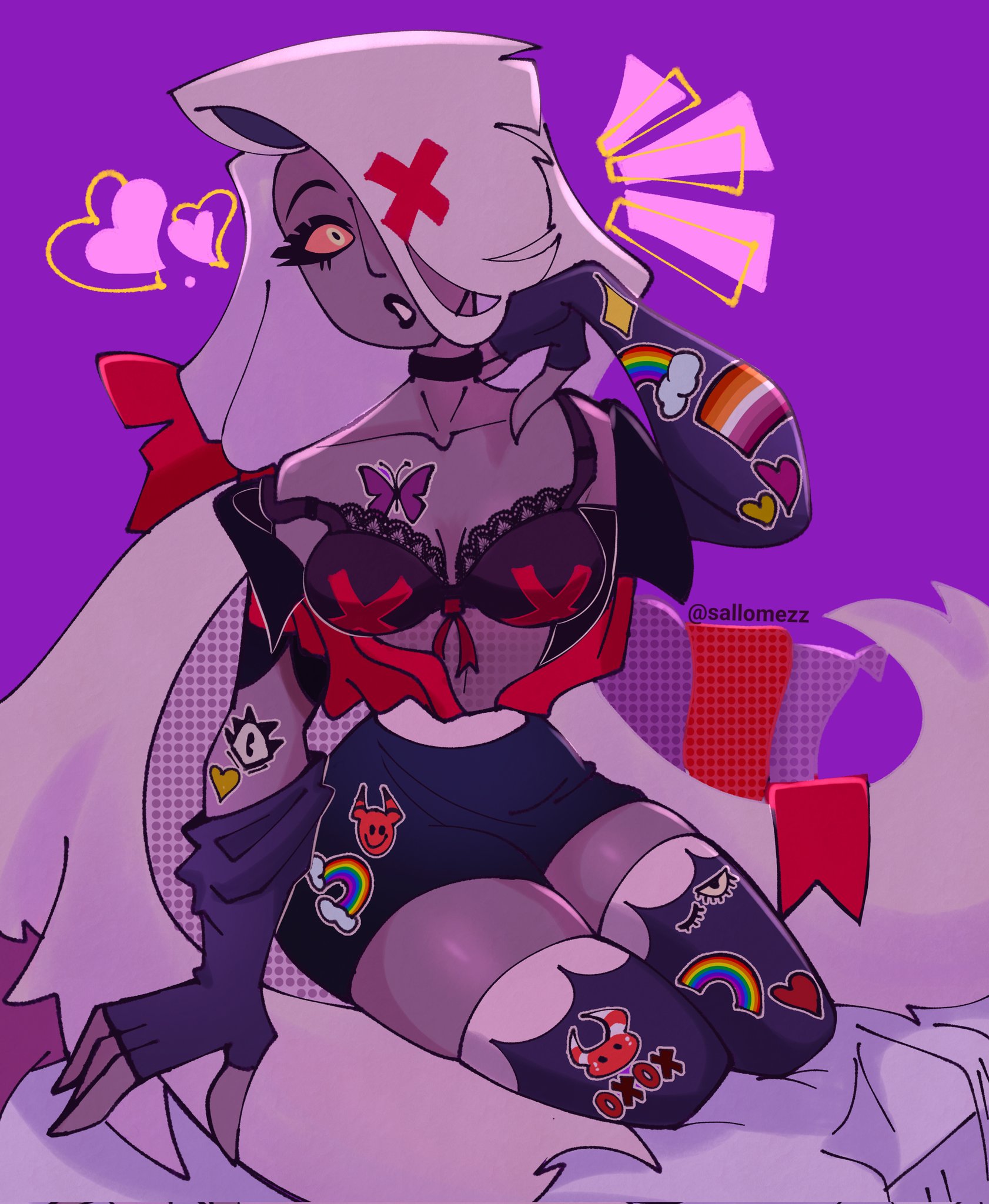 bra, downblouse, female, female only, hazbin hotel, lesbian pride colors, looking at viewer, pride colors, sallomezz, solo, sticker, vaggi (hazbin hotel), vaggie (hazbin hotel)