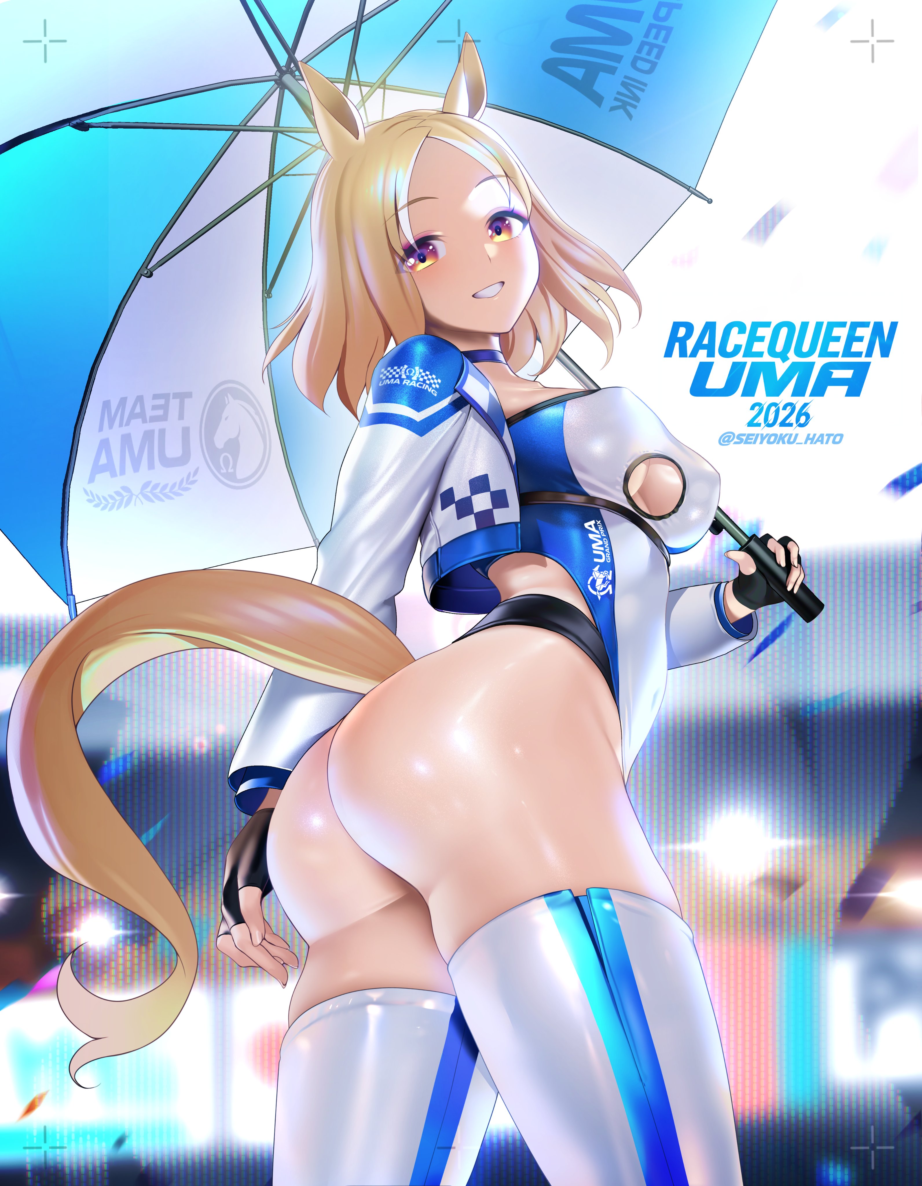1girl, ass, black gloves, blonde hair, cropped jacket, fingerless gloves, holding umbrella, horse ears, horse girl, horse tail, huge ass, large breasts, long sleeves, looking at viewer, multicolored hair, narita top road (umamusume), open jacket, race queen, red eyes, short hair, smile, solo, ugohato, umamusume, umamusume pretty derby, white hair, white jacket, white leotard, white thighhighs
