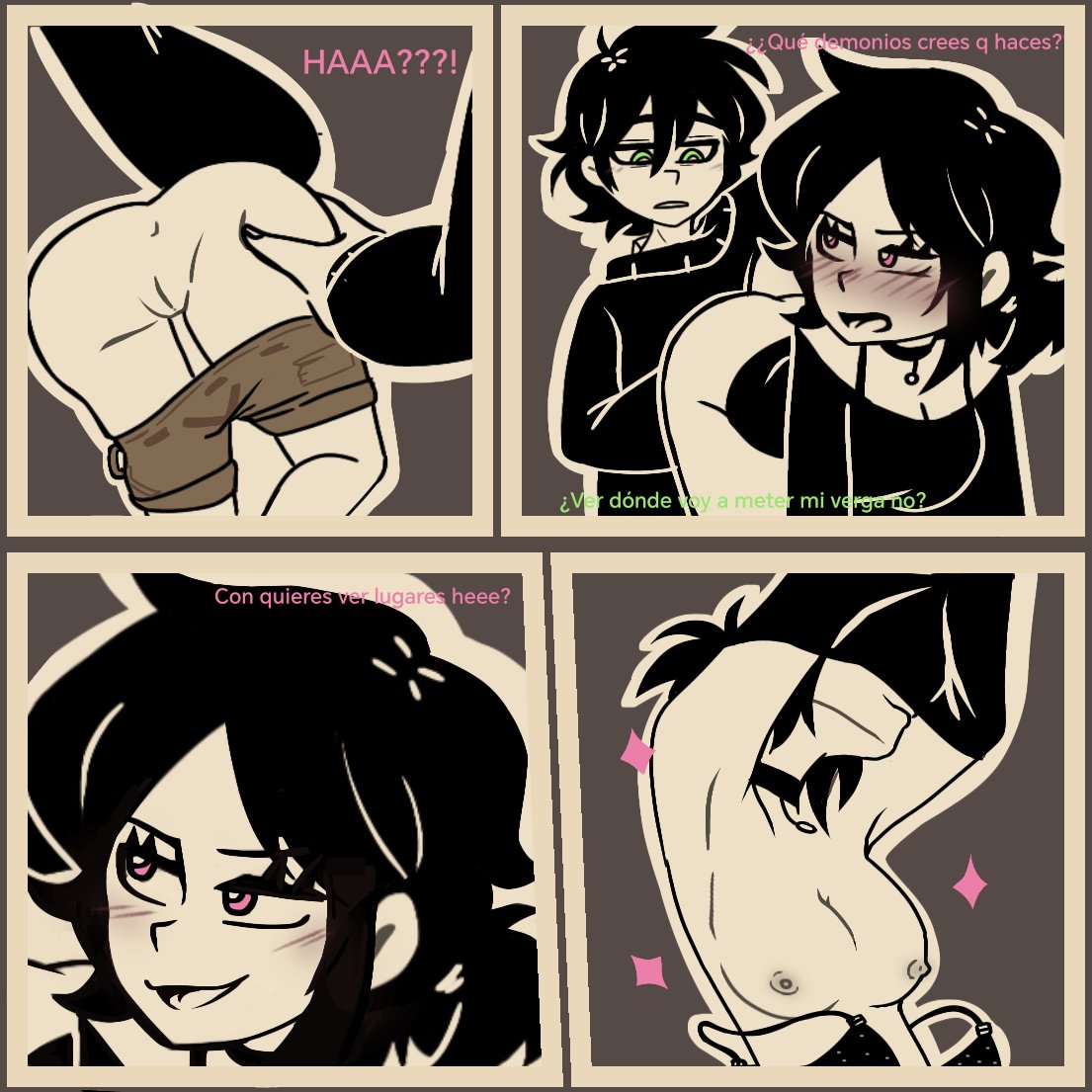 1boy, 1girls, 2d, amysole, andrew graves, anus, ashley graves, ass, black hair, blush, breasts, brother and sister, comic, dialogue, female, green eyes, incest, looking back, male, pink eyes, pussy, siblings, spanish text, straight, the coffin of andy and leyley, undressing