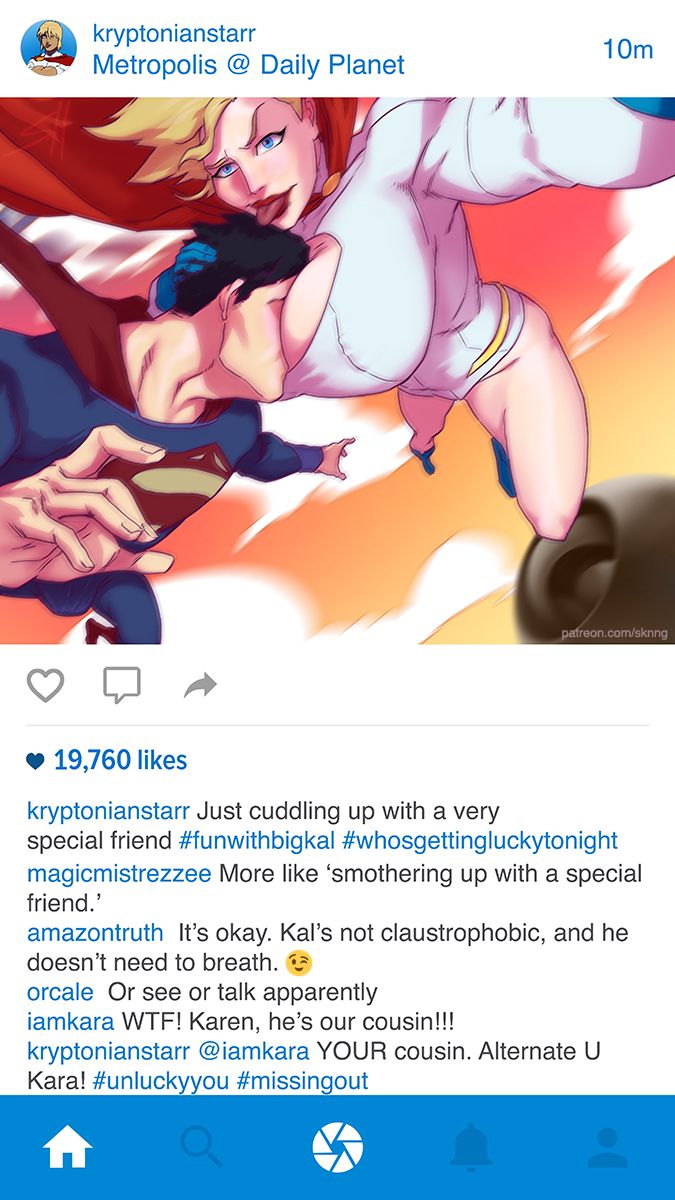 :p, 1boy, 1girls, alien, barbara gordon, batgirl, black hair, blonde, blonde hair, blue eyes, bodysuit, boots, breasts, cape, clark kent, cleavage, cleavage cutout, covered breasts, dc, dc comics, diana prince, english, english text, female, gauntlets, gloves, highleg, highleg leotard, hips, incest, instagram, justice league, kal-el, kara zor-l, karen starr, kryptonian, large breasts, legs, leotard, male, power girl, shoes, short hair, sknng, superman, superman (clark kent), superman (series), text, thighs, tongue, tongue out, white leotard, wonder woman, wonder woman (series), zatanna