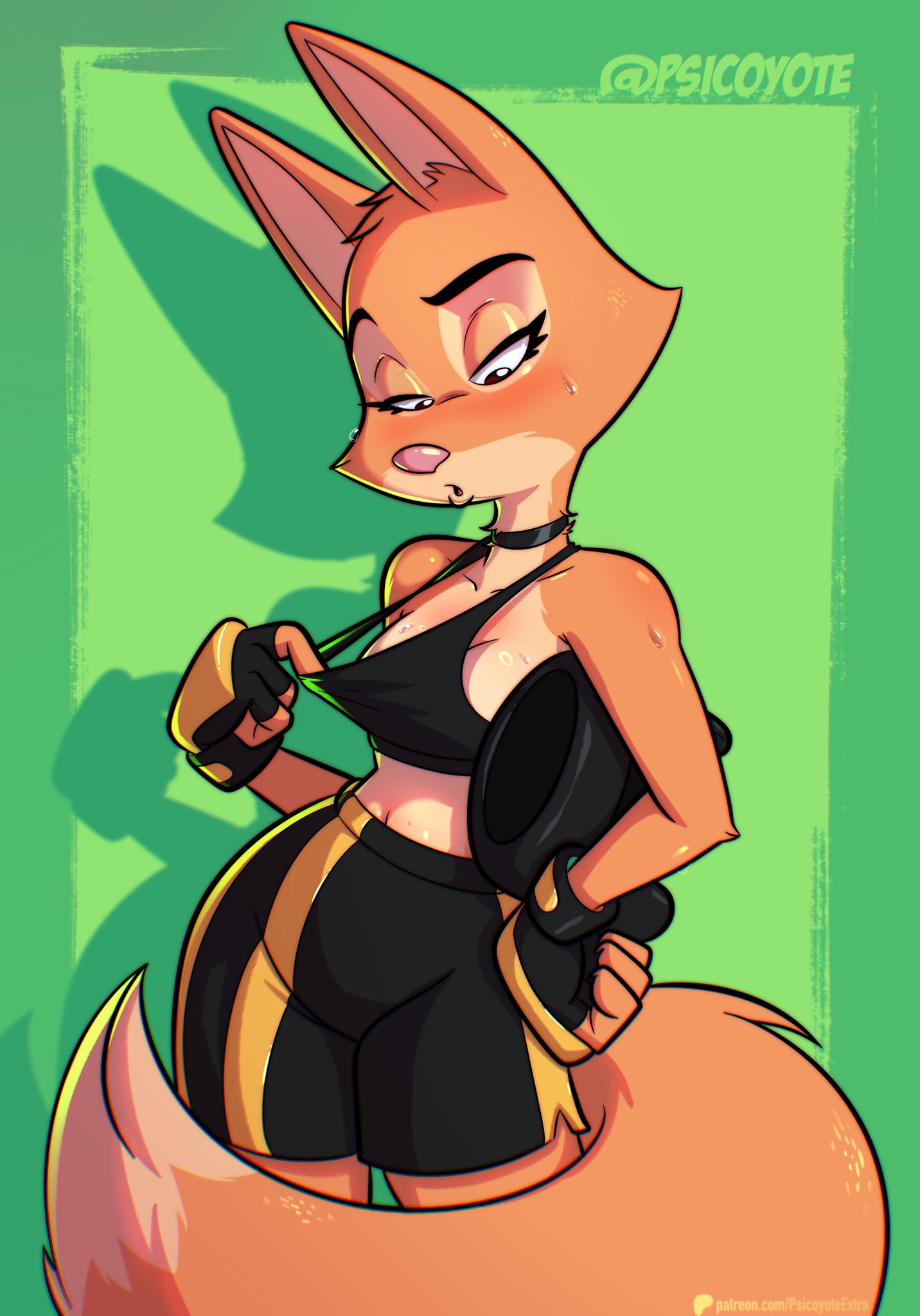 1girls, 2025, anthro, armor, artist name, athletic, athletic wear, black choker, black jewelry, black necklace, bodily fluids, bottomwear, bra, bra pull, breasts, canid, canine, choker, clothed, clothed anthro, clothed female, clothing, clothing pull, collarbone, countershade face, countershade fur, countershade neck, countershade torso, countershading, diane foxington, digital media (artwork), dipstick tail, dreamworks, eyebrows, eyelashes, female, female only, fingerless gloves, fingers, fox, fully clothed, fully clothed anthro, fully clothed female, fur, gloves, handwear, headgear, headwear, helmet, hi res, holding object, jewelry, looking at self, looking down, looking down at self, mammal, markings, midriff, necklace, open mouth, orange body, orange fur, patreon, patreon logo, patreon username, pink nose, psicoyote, shorts, simple background, solo, sports bra, sportswear, standing, sweat, sweatdrop, tail, tail markings, text, the bad guys, topwear, underwear, underwear pull, url