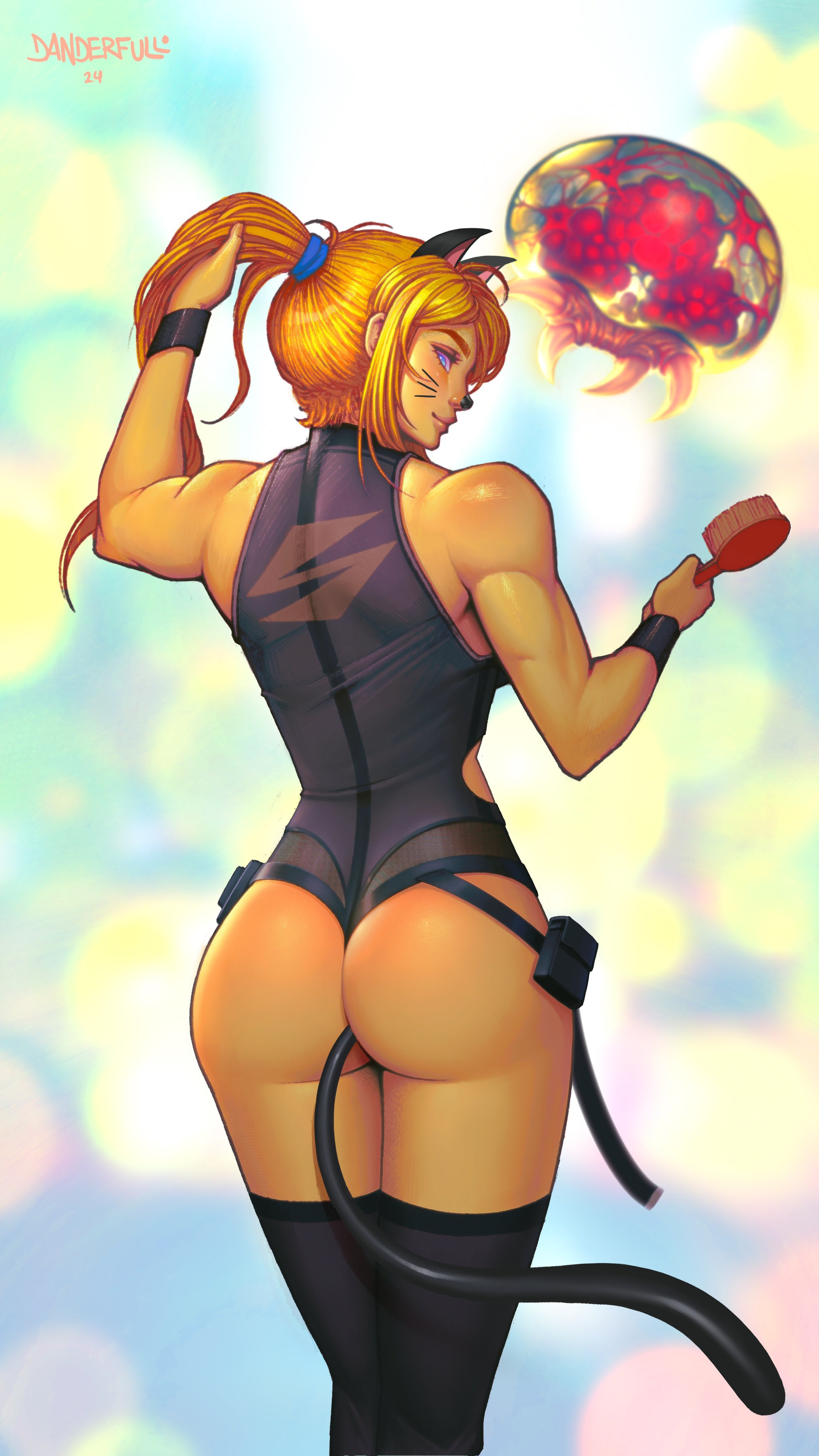 ass, brush, casual outfit (metroid), cat girl, cat tail, crop top, danderfull, female, leotard, metroid, metroid (creature), nintendo, ponytail, samus aran, stockings, stockings thigh highs, thigh highs, thighhighs, thighs, thong, wristband
