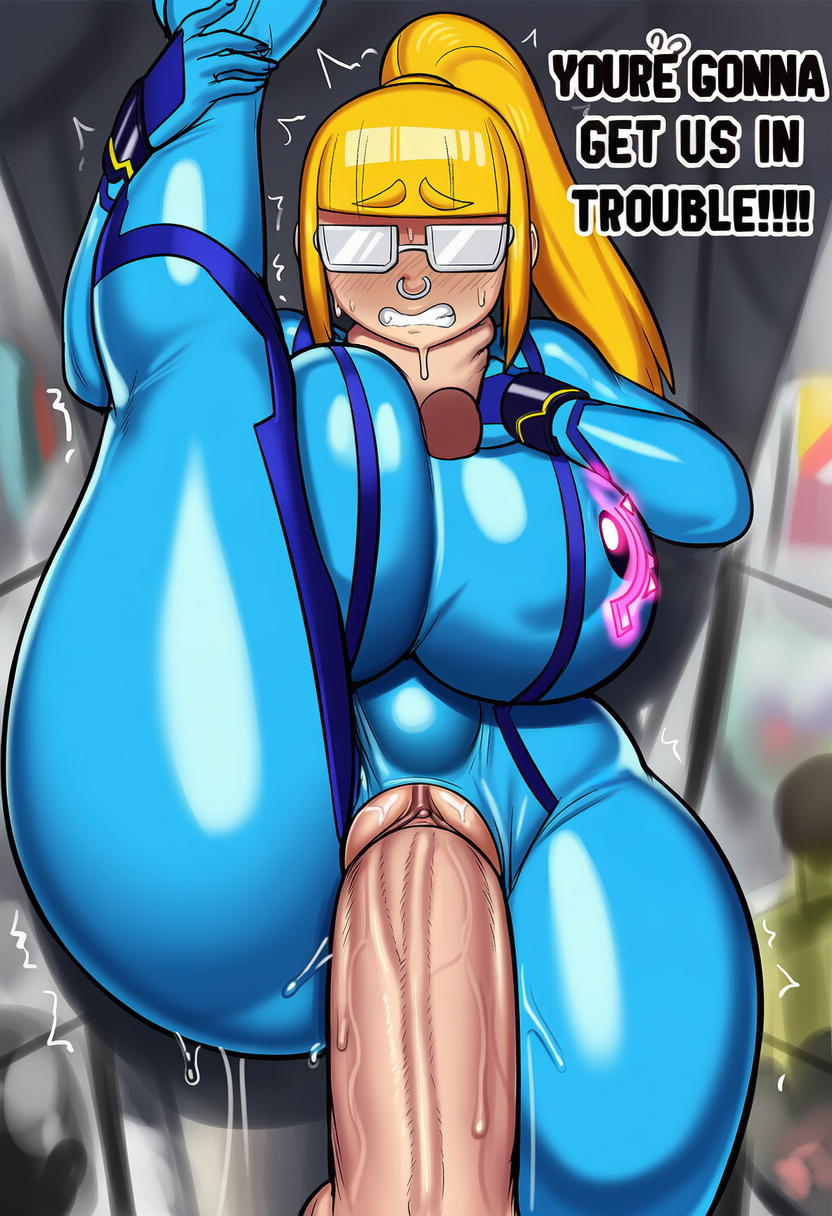 ai generated, ass, blair (lubbasdump), booty, breasts, cleavage, convention, cosplay, dialogue, dumptruck ass, dumptruck butt, giant ass, gigantic ass, gritted teeth, hips, huge ass, huge breasts, legs up, lubbasdump, massive ass, penetration, rough sex, sex, side view, vaginal penetration, wide hips, zero suit samus (cosplay)