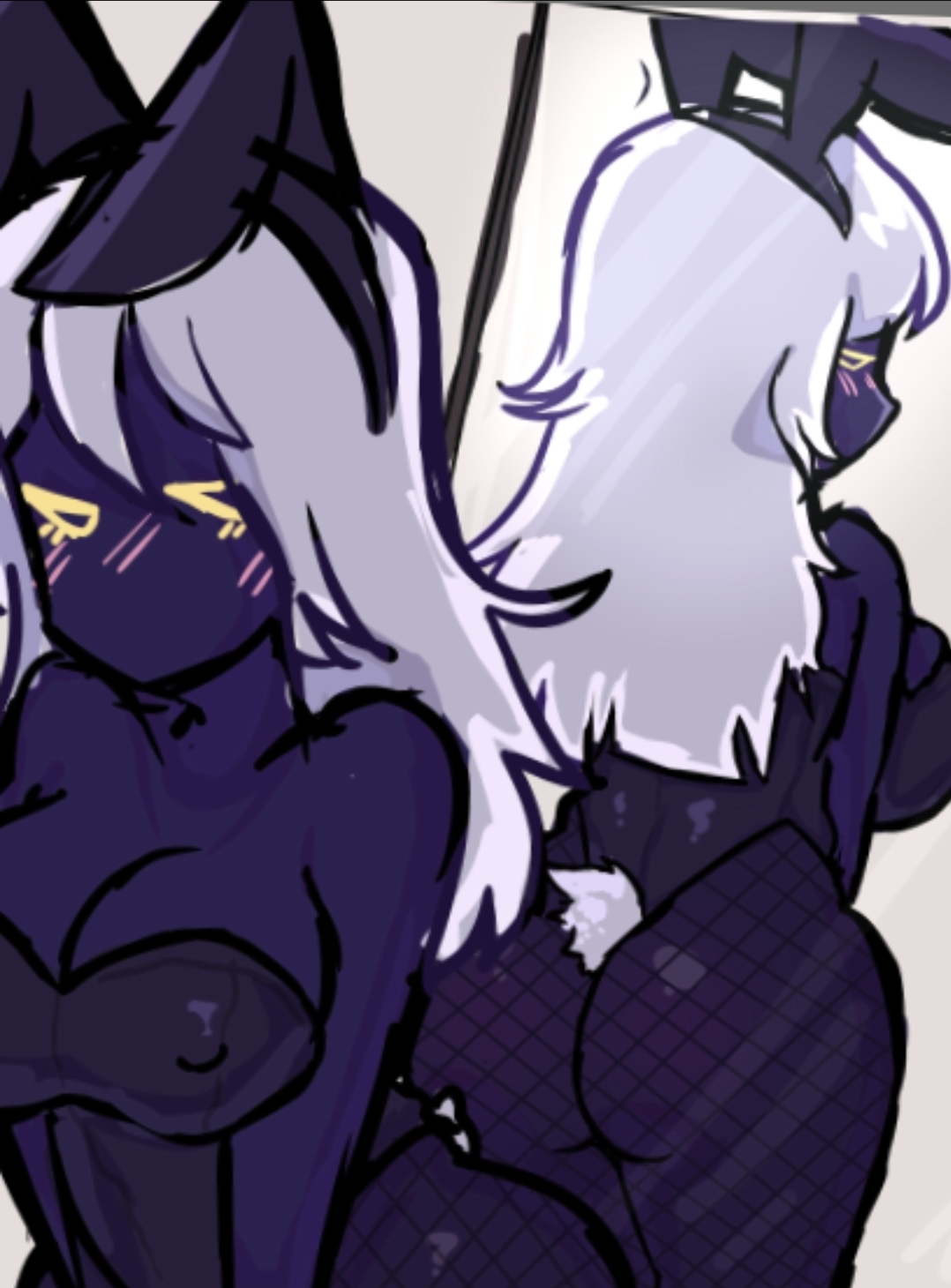 1girls, 2d, artist request, ass, big ass, big breasts, black body, breasts, bunny ears, bunny girl, bunny tail, bunnysuit, cleavage, deepwoken, female, fishnets, ganymede (deepwoken), mirror, mirror reflection, nipple bulge, roblox, roblox game, robloxian, standing, thick ass, thick thighs, thighs, white hair, yellow eyes