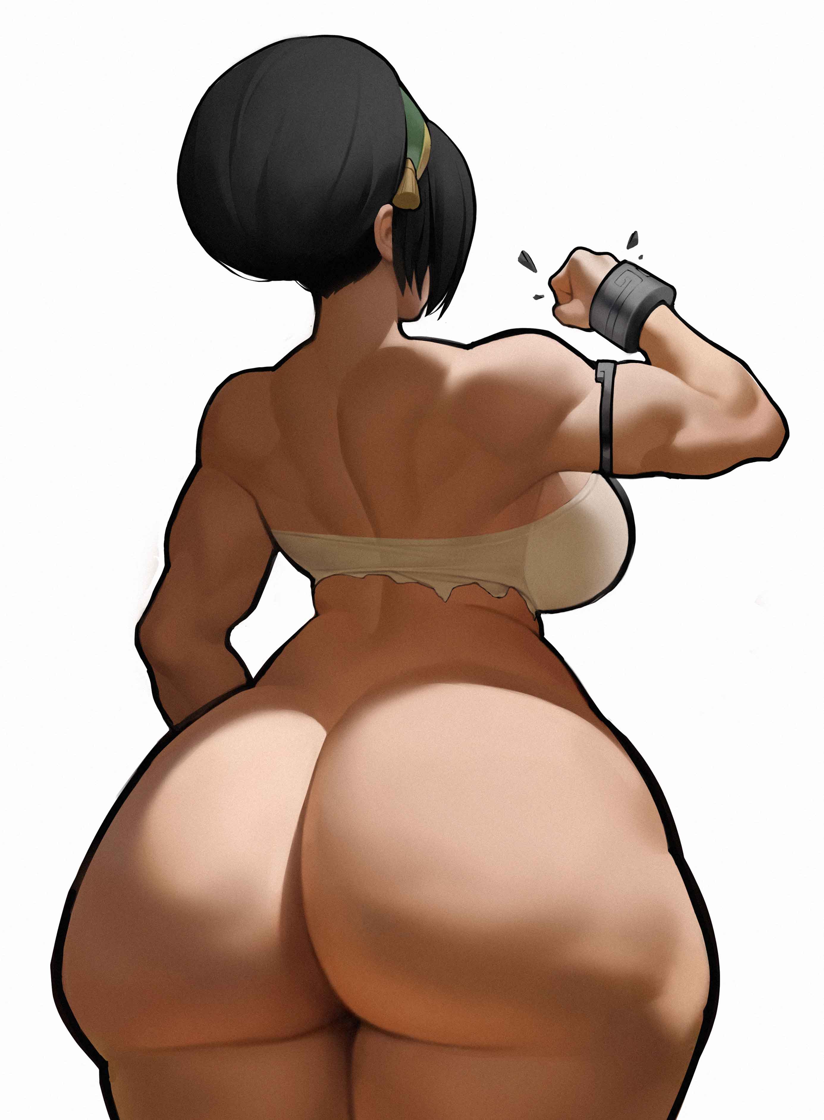 1girls, ass, ass focus, avatar the last airbender, big ass, big breasts, black hair, bottomless, bottomless female, bracelet, breasts, bubble butt, busty, crop top, fat ass, female, female only, gluteal fold, huge ass, large ass, large breasts, light-skinned female, massive ass, muscular, muscular female, rear view, simple background, solo, spiralnoww, the legend of aang, thick ass, thick thighs, thunder thighs, toph bei fong, white background, wide hips