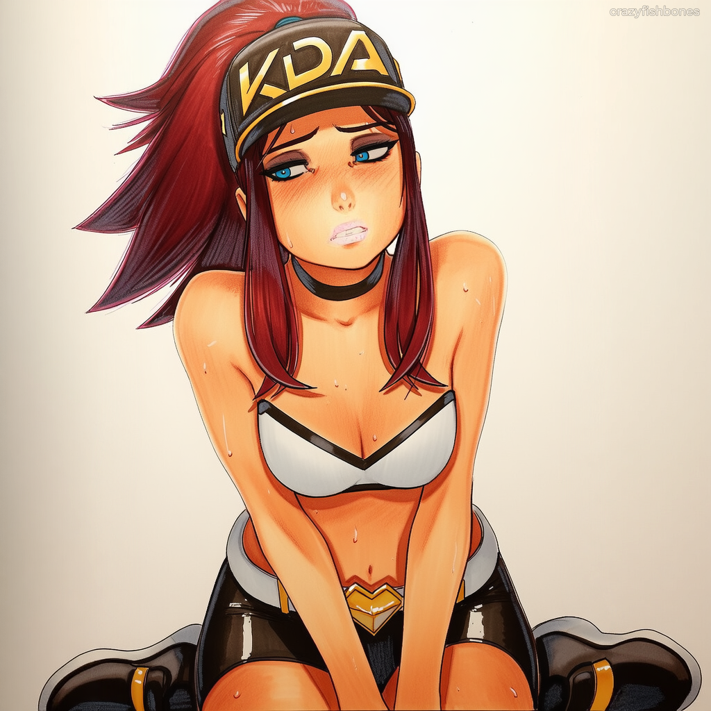 2025 ai_generated akali artist_name blue_eyes blush breasts choker cleavage crazyfishbones female long_hair midriff sitting solo