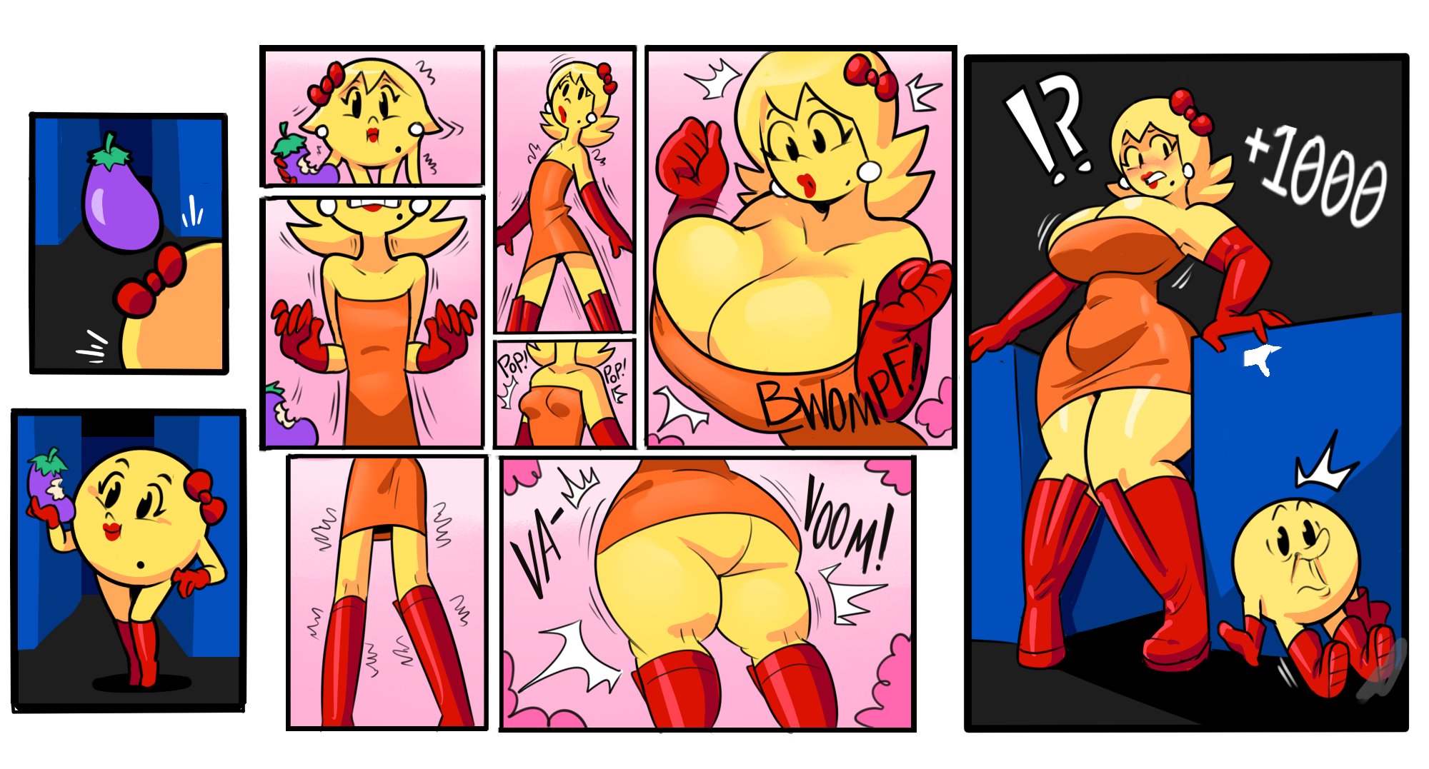 1boy, 1girls, anthro transformation, anthrofied, ass, big ass, big breasts, big butt, bigger female, breasts, canon couple, clothed, clothed female, female, giantess, height difference, husband and wife, large boobs, large breasts, large female, larger female, male, mini giantess, mole, mole under mouth, ms. pac-man, pac-man, pac-man (series), shorter male, size difference, superspoe, taller female, taller woman, transformation, yellow skin, yellow skinned female, yellow skinned male