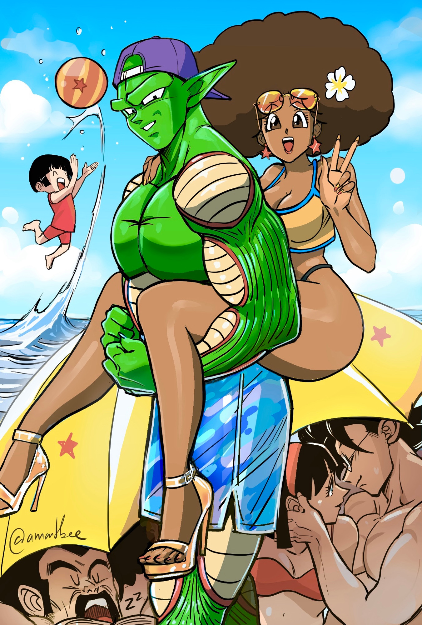3boys, 3girls, afro, amartbee, artist signature, baseball cap, beach, beach ball, bikini, dark skin, dark-skinned female, dragon ball, earrings, female, flower in hair, green skin, high heels, janet (dragon ball), male, mr. satan, pan (dragon ball), peace sign, piccolo, pointy ears, son gohan, swimsuit, videl, wholesome