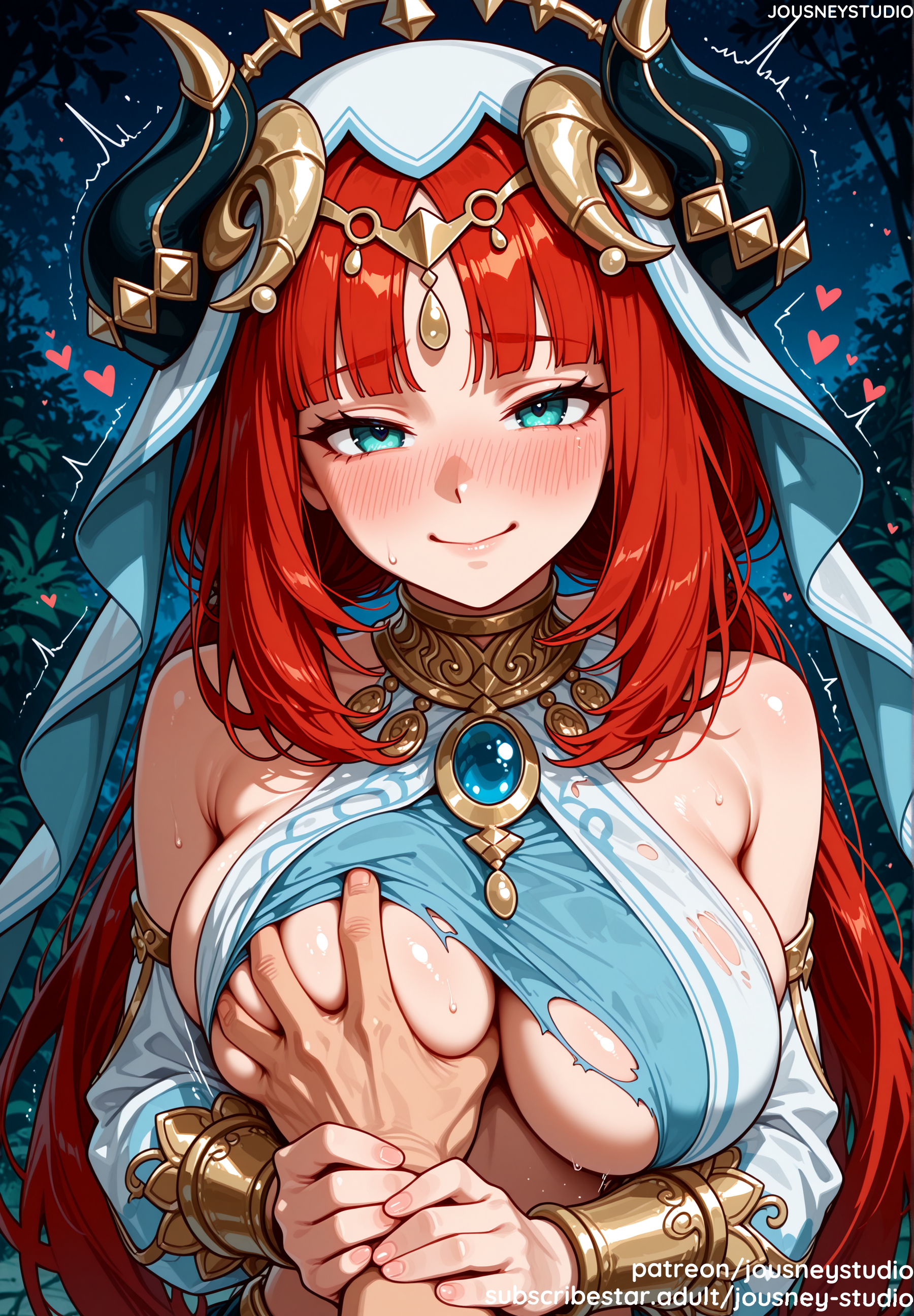 1boy, ai generated, aqua eyes, bangs, bare shoulders, blue gemstone, blush, bracer, breast grab, breasts, brooch, circlet, cleavage, closed mouth, clothing, detached sleeves, dress, earrings, fake horns, female, gem, genshin impact, grabbing, grabbing another's breast, groping, guided breast grab, guiding hand, harem outfit, heart, holding another's wrist, horns, jewelry, jousneystudio, large breasts, long hair, long sleeves, looking at viewer, male, navel, neck ring, night, nilou (genshin impact), nipples, outdoors, parted bangs, penis, pov hands, puffy long sleeves, puffy sleeves, red hair, sidelocks, sky, smile, solo focus, straight, sweat, torn clothes, twintails, upper body, veil