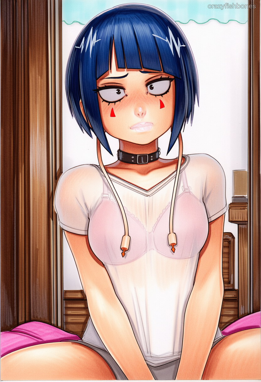 2025 ai_generated artist_name bangs blue_hair blush breasts crazyfishbones female kyoka_jiro looking_at_viewer my_hero_academia shirt short_hair sitting solo