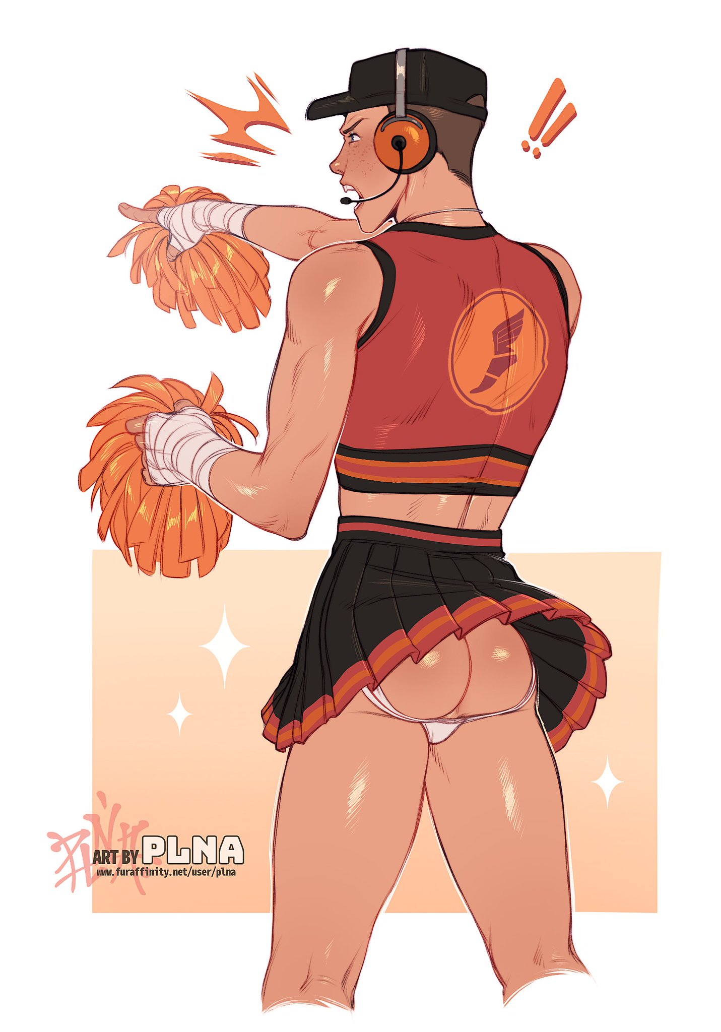 ass, ass focus, balls, balls in panties, balls under clothes, cheerleader, cheerleader uniform, crop top, crossdressing, gay, jockstrap, male, male only, plna, scout (team fortress 2), skirt lift, skirt up, solo, solo male, team fortress 2, tf2, twink, valve
