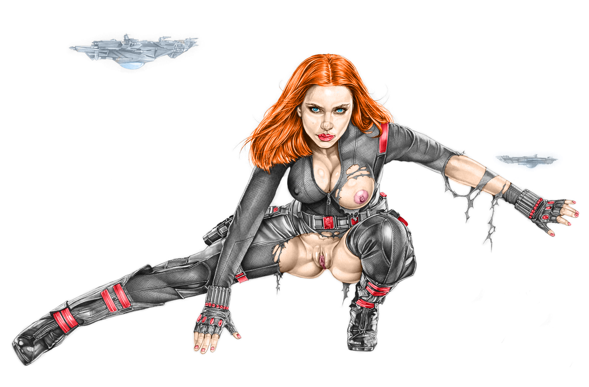 1girls, actress, armando huerta, avengers, belt, black widow (marvel), blue eyes, bodysuit, boots, breasts, celebrity, cleavage, colored, covered breasts, covered nipples, female, female only, fingerless gloves, gloves, hips, large breasts, legs, long hair, marvel, marvel comics, nail polish, natasha romanoff, nipples, orange hair, pussy, scarlett johansson, shoes, solo, spread legs, tagme, thigh boots, thighs, torn clothes, vagina