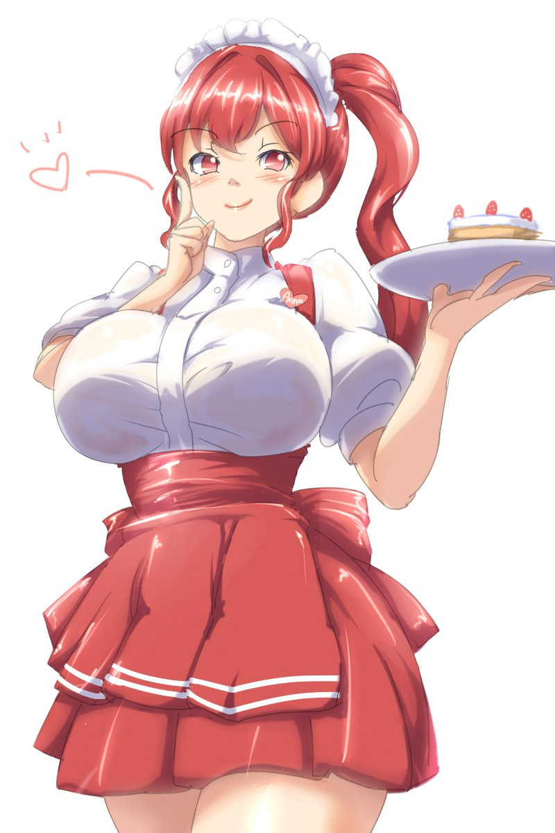 1girls, 2025, anna (fire emblem), big breasts, blush, breasts, cake, carrying object, digital media (artwork), dress, female, female only, fire emblem, fire emblem: three houses, heart, holding plate, large breasts, maid, maid headdress, maid outfit, maid uniform, no visible genitalia, ponytail, red eyes, red hair, server, side ponytail, skirt, solo, solo female, waitress, white background, yanmarson