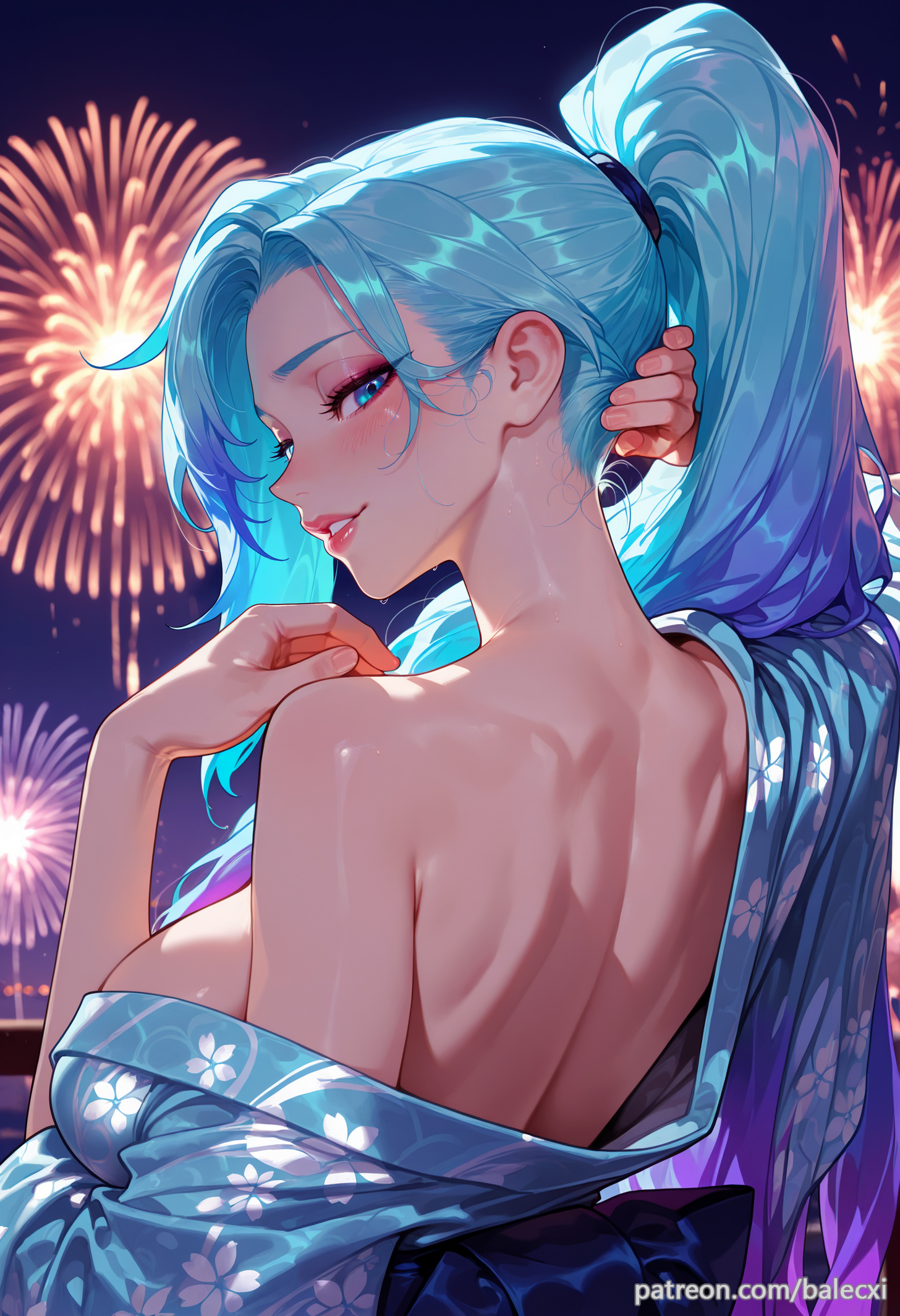 ai generated, balecxi, bare shoulders, blue eyes, blue hair, breasts, female, fireworks, floral print, japanese clothes, kimono, large breasts, league of legends, long hair, looking at viewer, multicolored hair, night, patreon username, ponytail, seraphine (league of legends), smile, solo, tagme