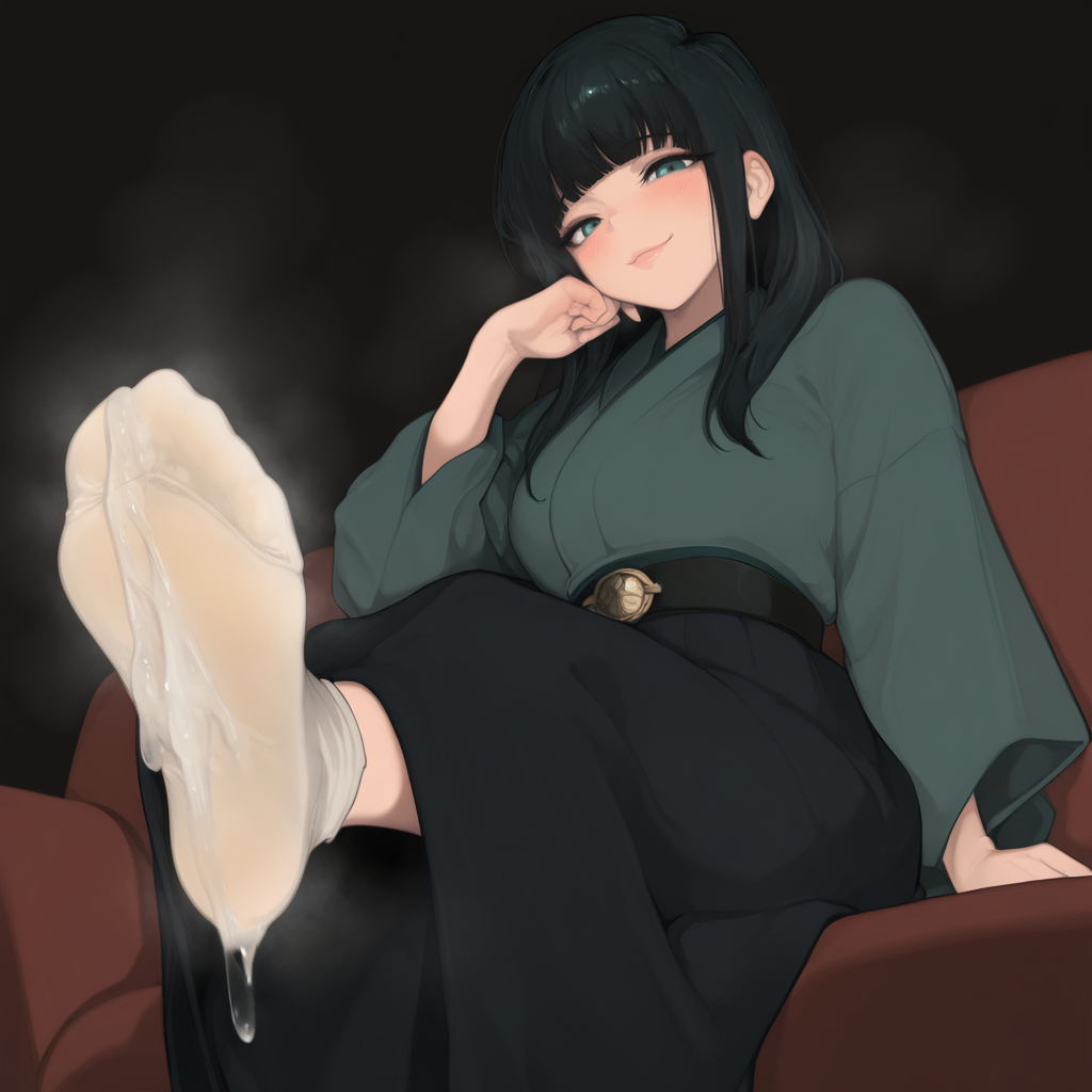ai_generated bangs belt black_hair black_skirt blunt_bangs couch cum cum_on_feet femdom foot_fetish green_eyes green_kimono humiliation long_skirt long_sleeves looking_at_viewer looking_down mayyreel offering offering_to_viewer sitting skirt smell smile smirk socks steam villainess white_socks