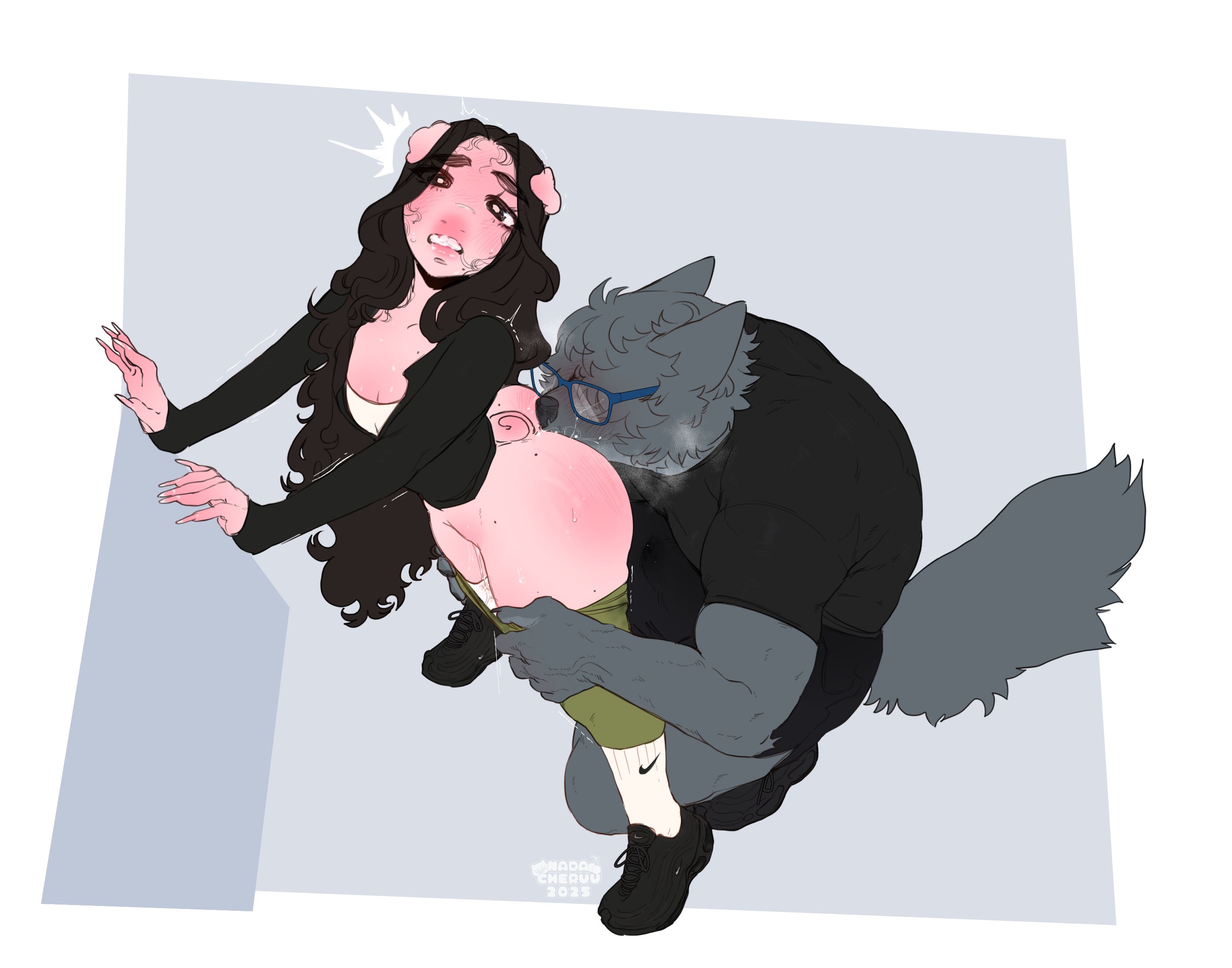 1boy, 1girls, anthro, axel (canisfamelicus), black eyes, black hair, blush, canid, canine, cunnilingus, domestic dog, female, fur, furry, glasses, grey fur, hi res, leaning forward, long hair, male, mole, moles, nada (nadacheruu), nadacheruulewd, pants down, pink body, suina, sus (pig), teeth clenched, thick eyebrows, very high resolution