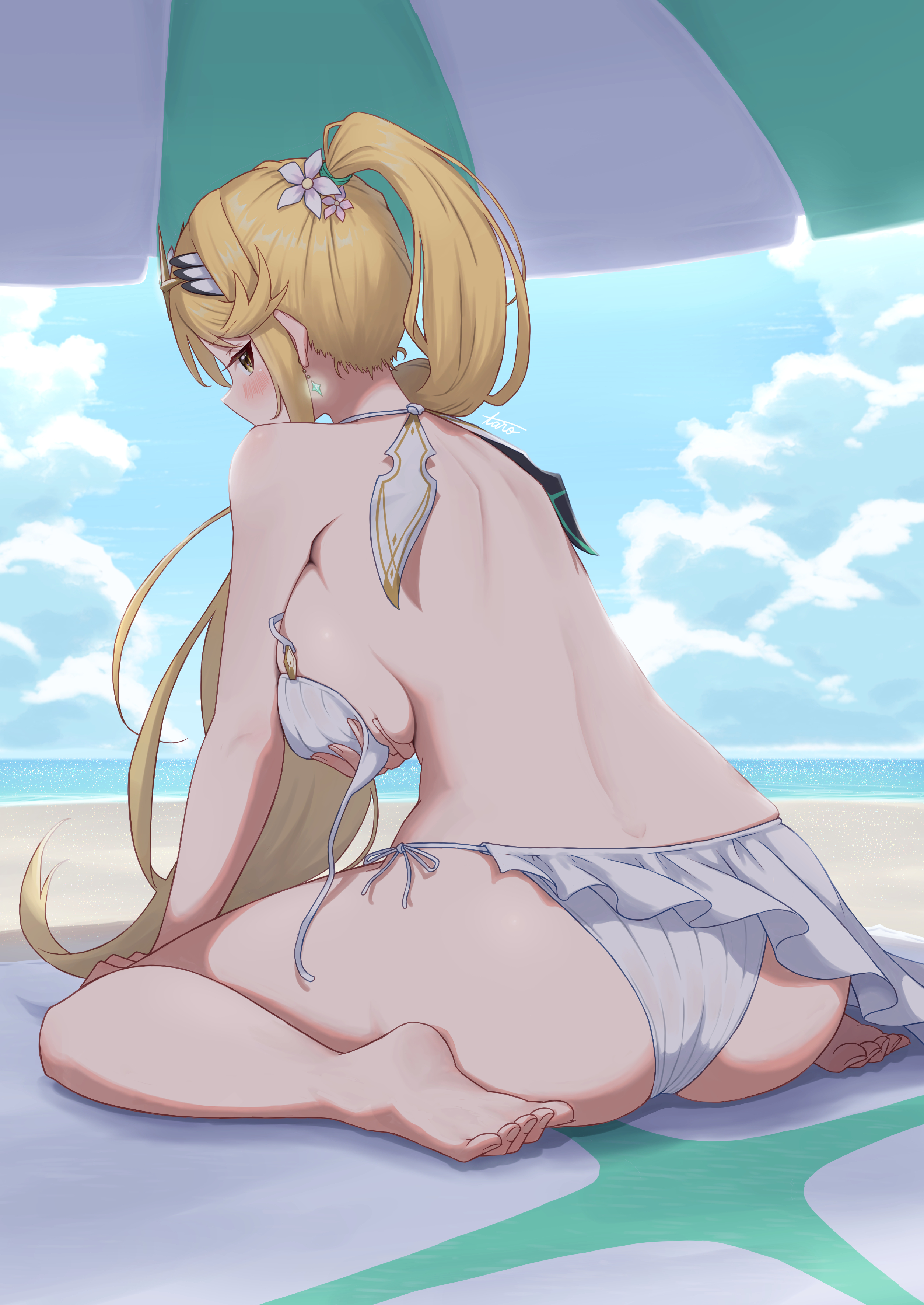 1girls, absurdres, ass, back, bare shoulders, barefoot, beach, beach umbrella, bikini, blonde hair, blue sky, blush, breast lift, breasts, cloud, commentary request, day, feet, female, female only, flower, from behind, hair flower, hair ornament, highres, large breasts, long hair, looking at viewer, looking back, mythra, ocean, outdoors, ponytail, sand, sideboob, sitting, sky, soles, solo, swimsuit, taro (peach taro51), thighs, umbrella, untied bikini top, very long hair, wariza, white bikini, xenoblade (series), xenoblade chronicles 2, yellow eyes