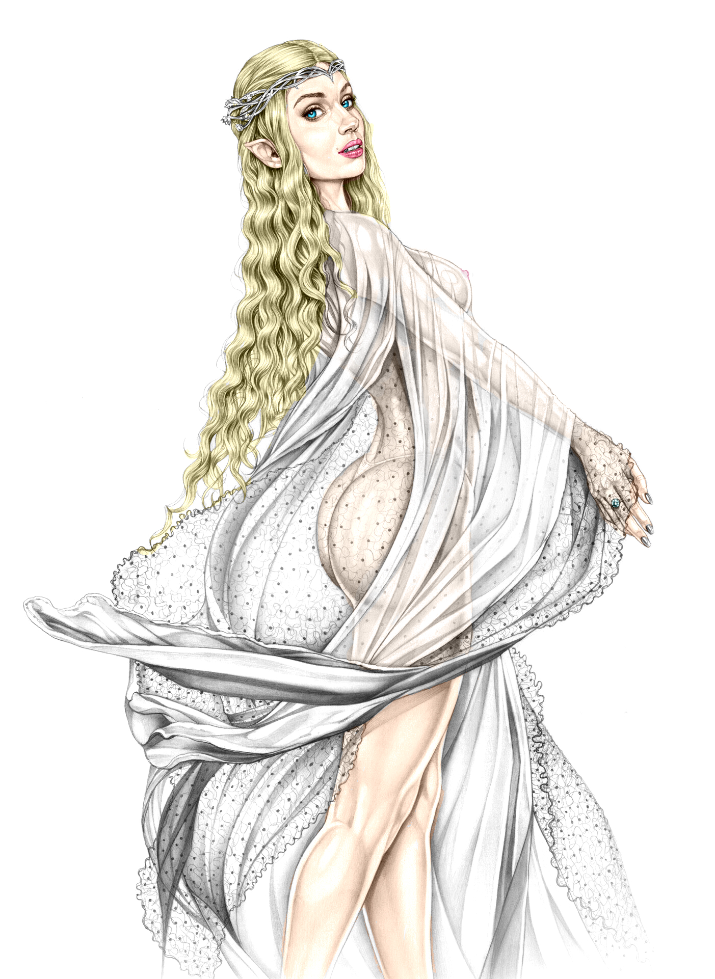 1girls, 2d, actress, armando huerta, ass, blonde, blonde hair, blue eyes, breasts, celebrity, clothed, colored, covered breasts, covered nipples, crown, dress, elf, elf ears, elf female, erect nipples, female, female only, galadriel, hips, large breasts, legs, long hair, lord of the rings, nipple bulge, nipples, panties, pointy ears, see-through, see-through clothing, sideboob, solo, solo female, the hobbit, thighs, tiara, very long hair