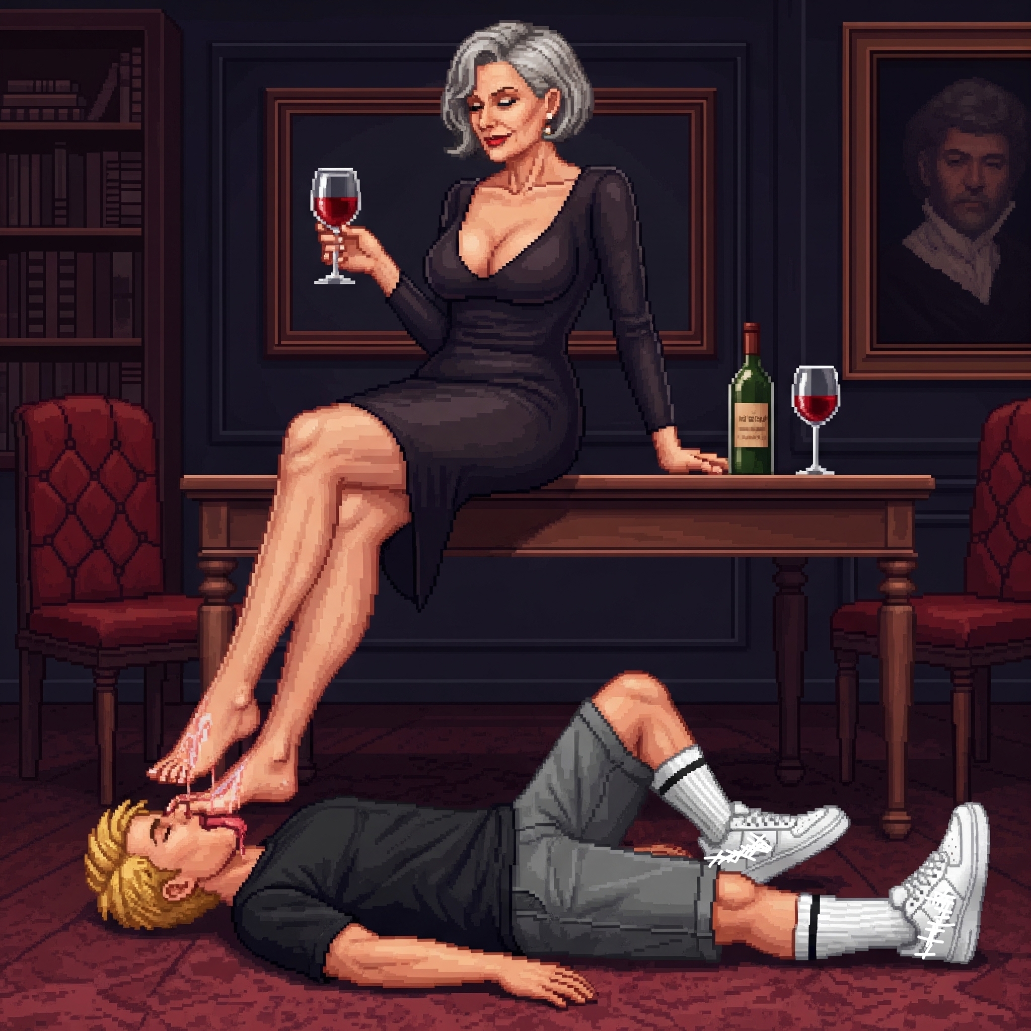 ai generated, alcohol, bob cut, breasts, couple (romantic), dominant, dominant female, domination, elegant, elegant dress, enjoying, female, femdom, foot fetish, foot focus, foot lick, foot worship, gilf, male, mature female, milf, saliva, saliva drip, saliva string, saliva trail, stepped on, stepping on face, submissive, submissive male, wine, wine glass